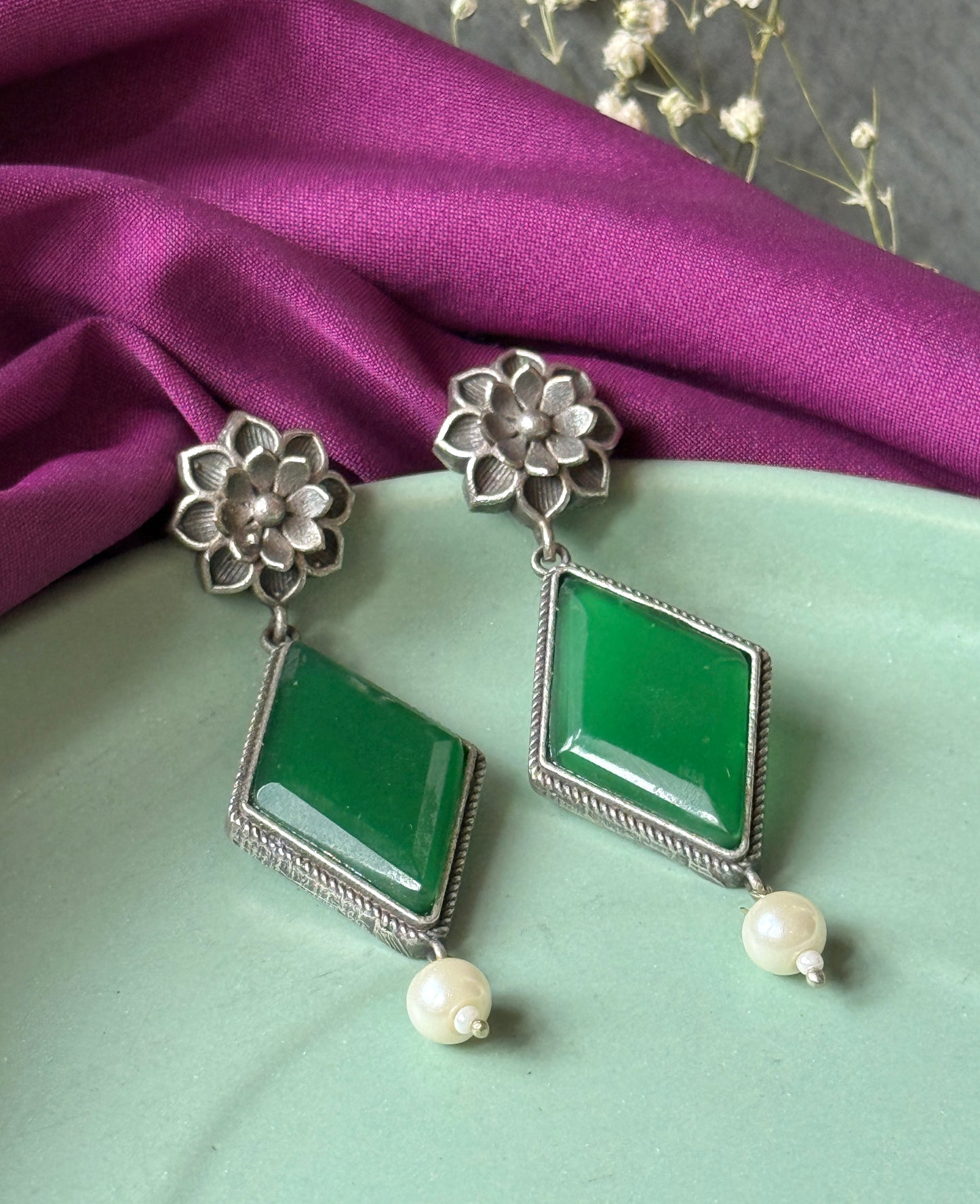 German Silver Flower Silk Stone Earrings