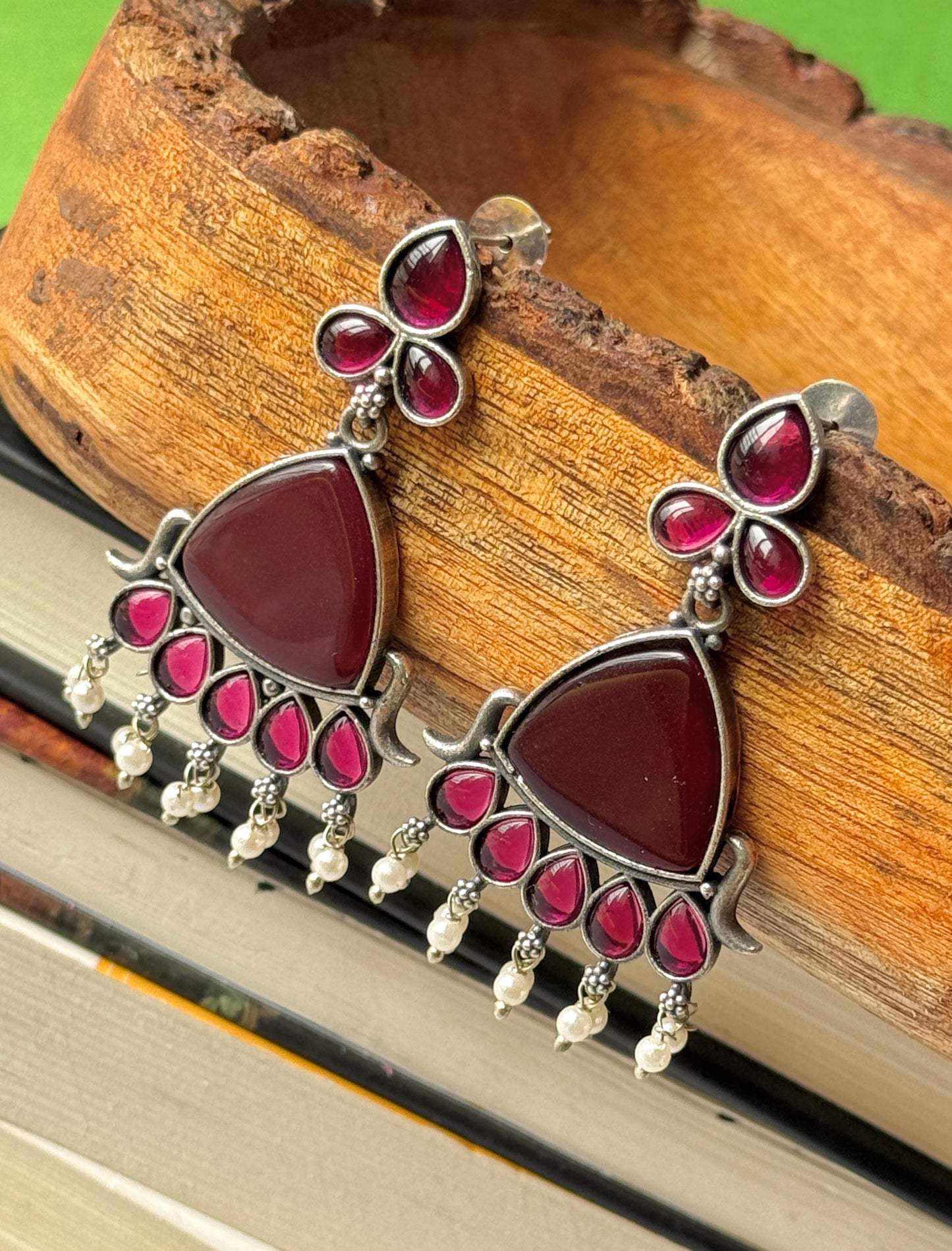 Silk Stone Wine Colour Dangling Earrings