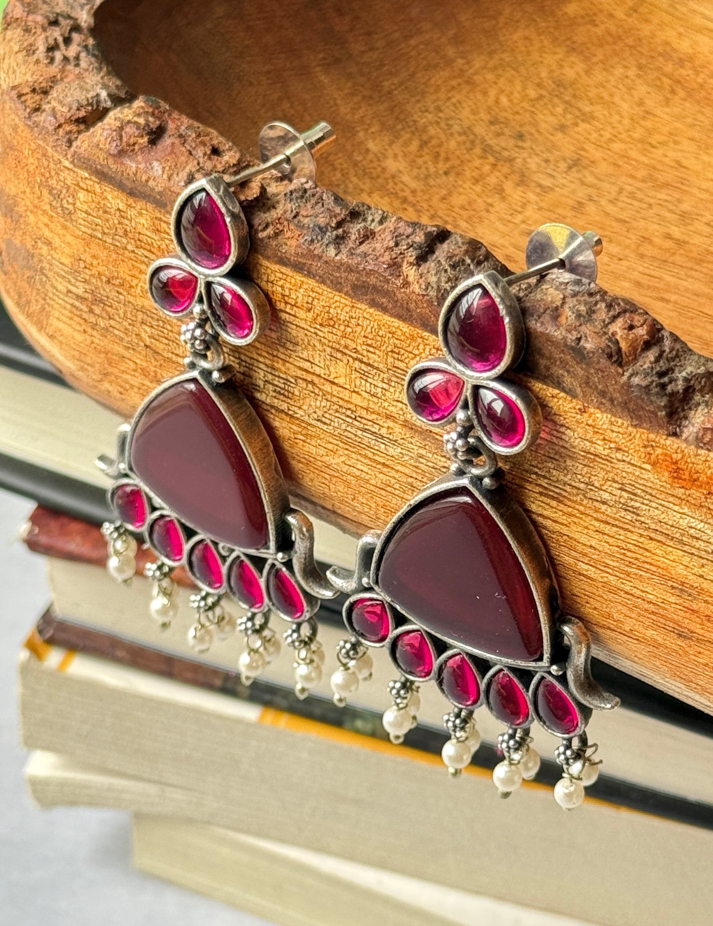Silk Stone Wine Colour Dangling Earrings