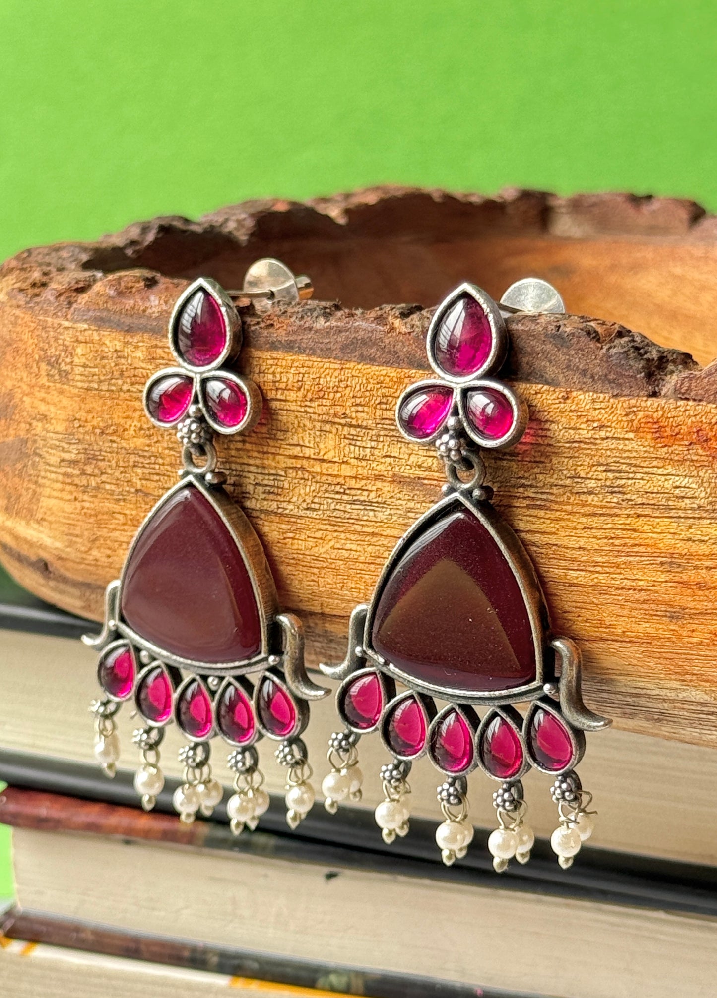 Silk Stone Wine Colour Dangling Earrings