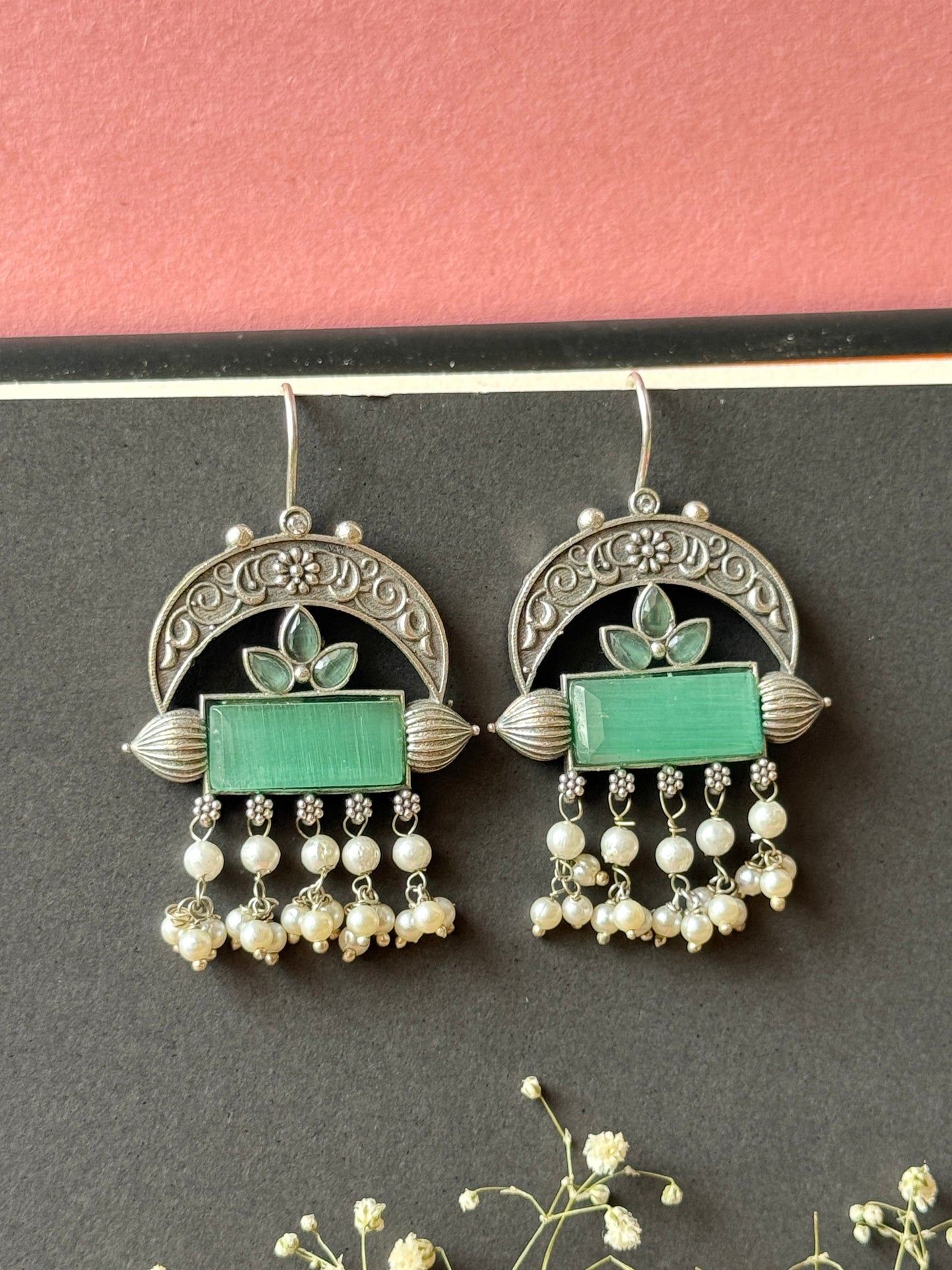 Silk Stone Embedded Dangling Pearl Hook Earrings
