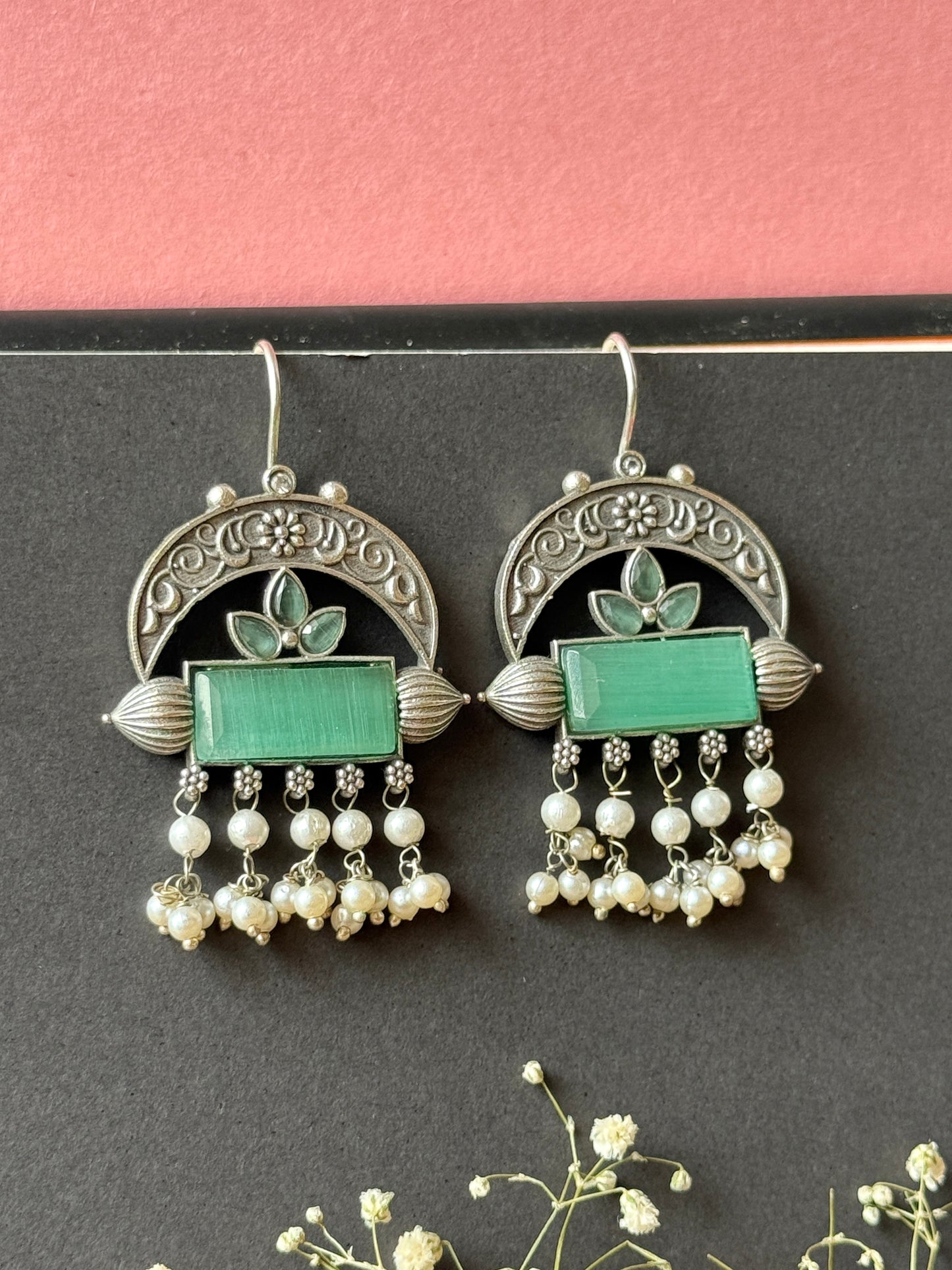 Silk Stone Embedded Dangling Pearl Hook Earrings