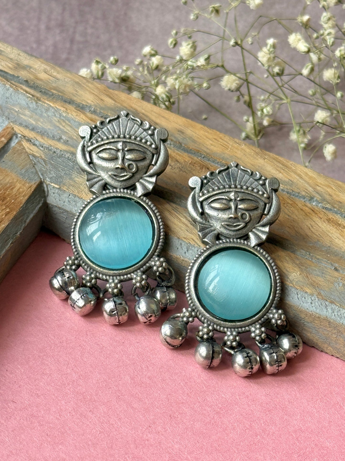 Silver Lookalike Silk Stone Embedded Face Earrings