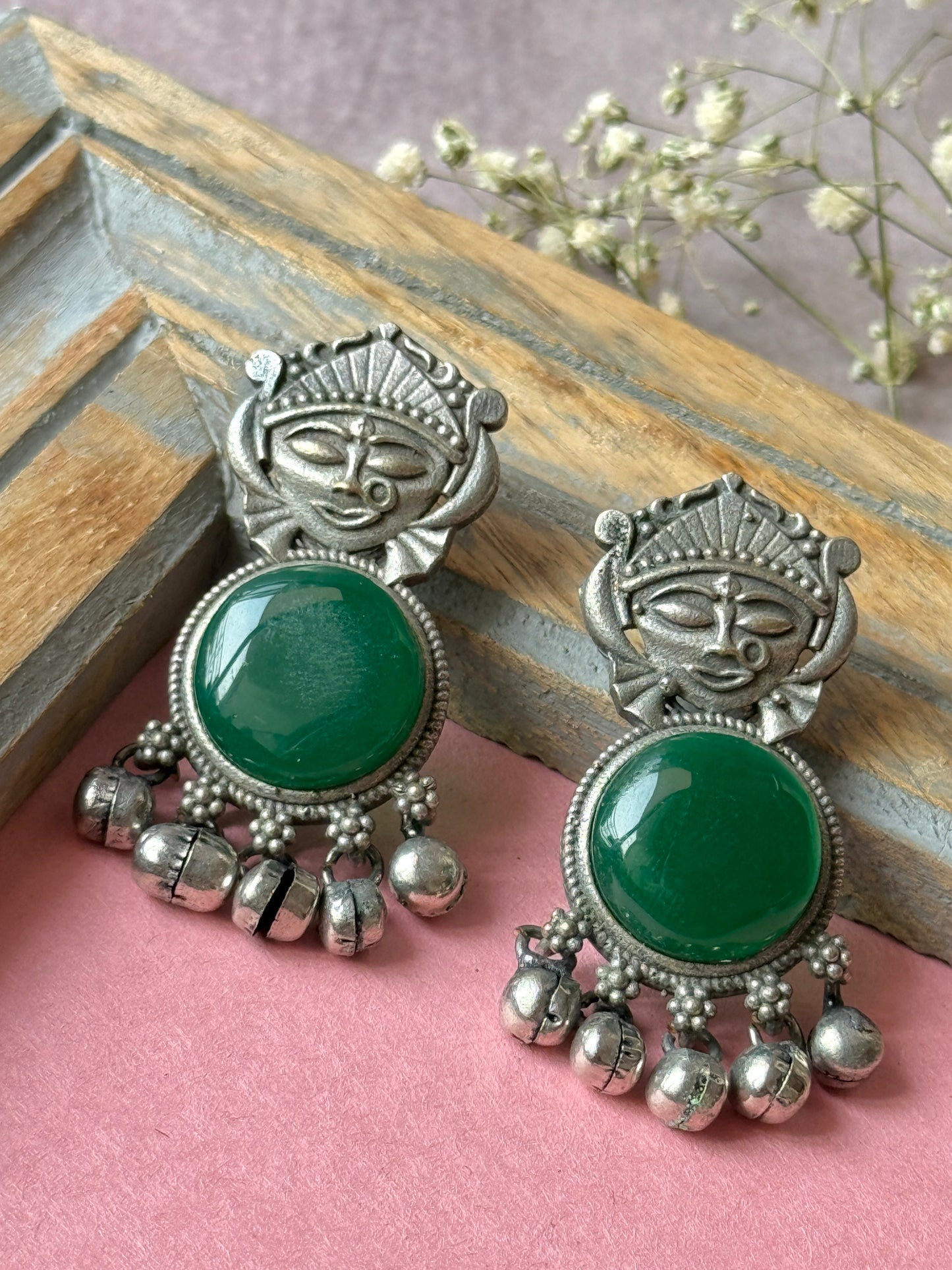 Silver Lookalike Silk Stone Embedded Face Earrings