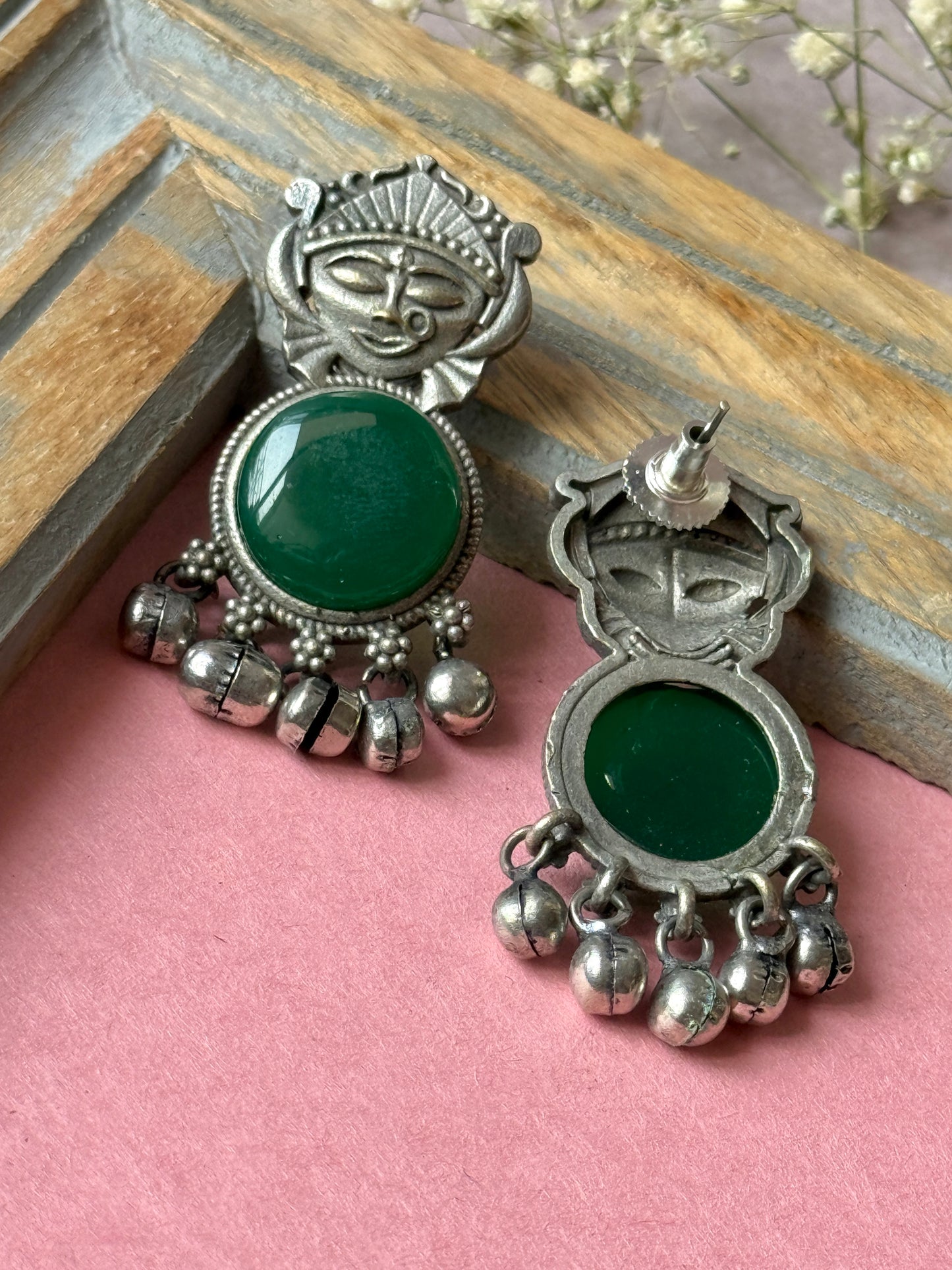 Silver Lookalike Silk Stone Embedded Face Earrings