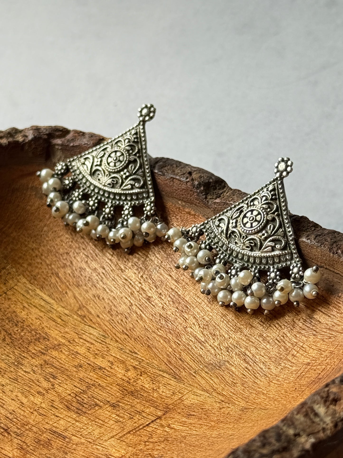 Silver Lookalike Oxidised Engraved Earrings