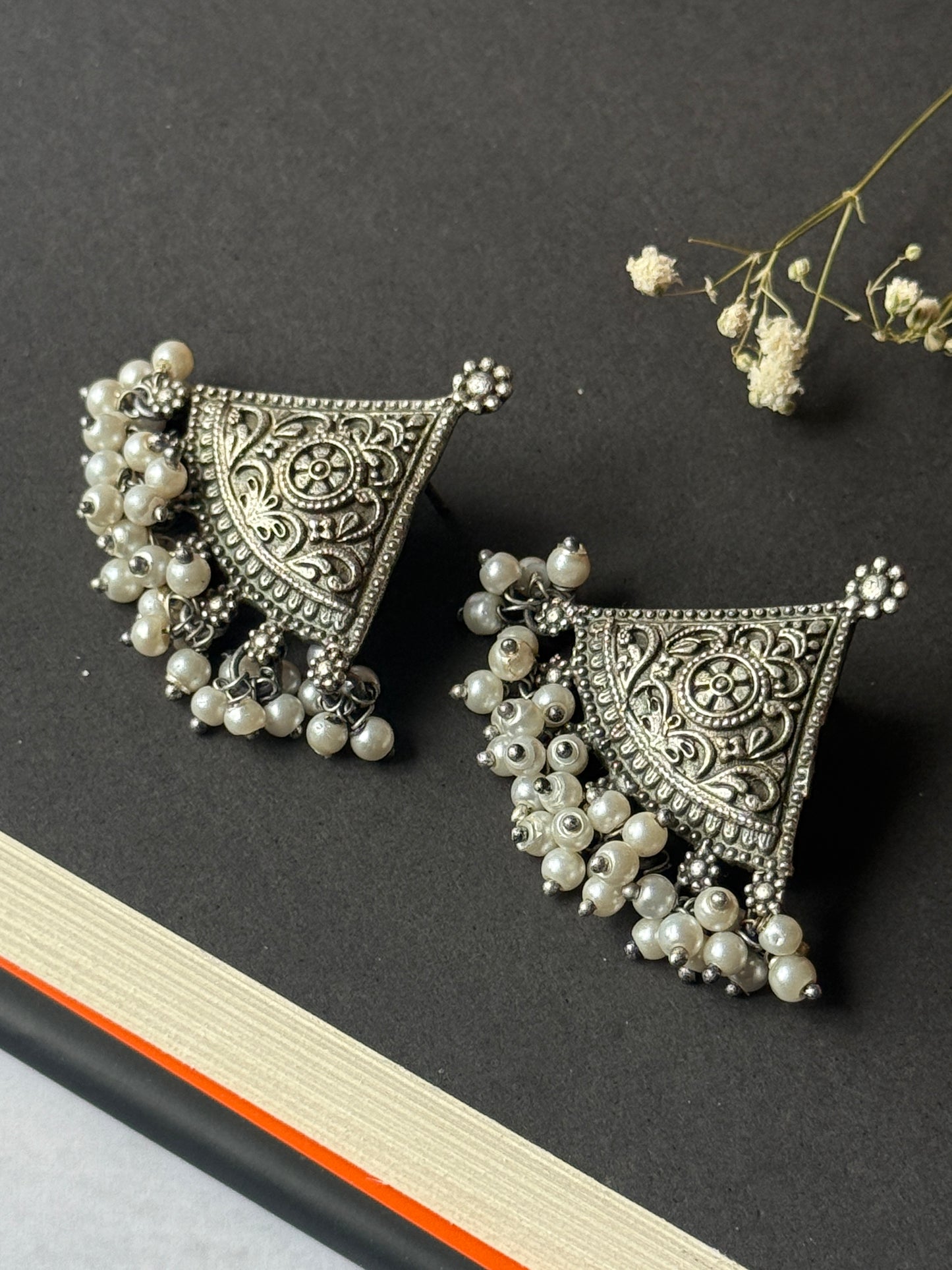 Silver Lookalike Oxidised Engraved Earrings