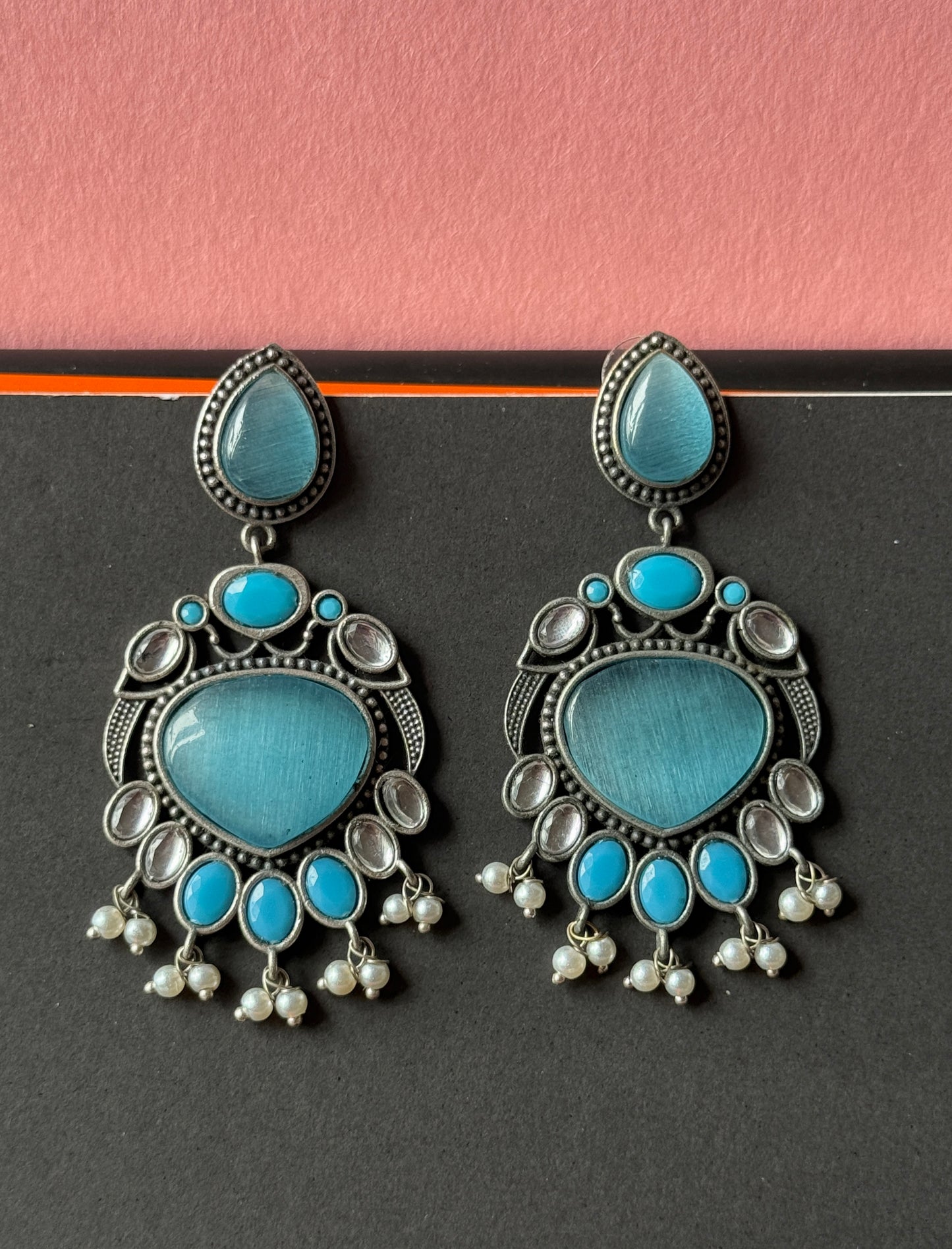 Party Wear Silk Stone Pearl Dangling Earrings
