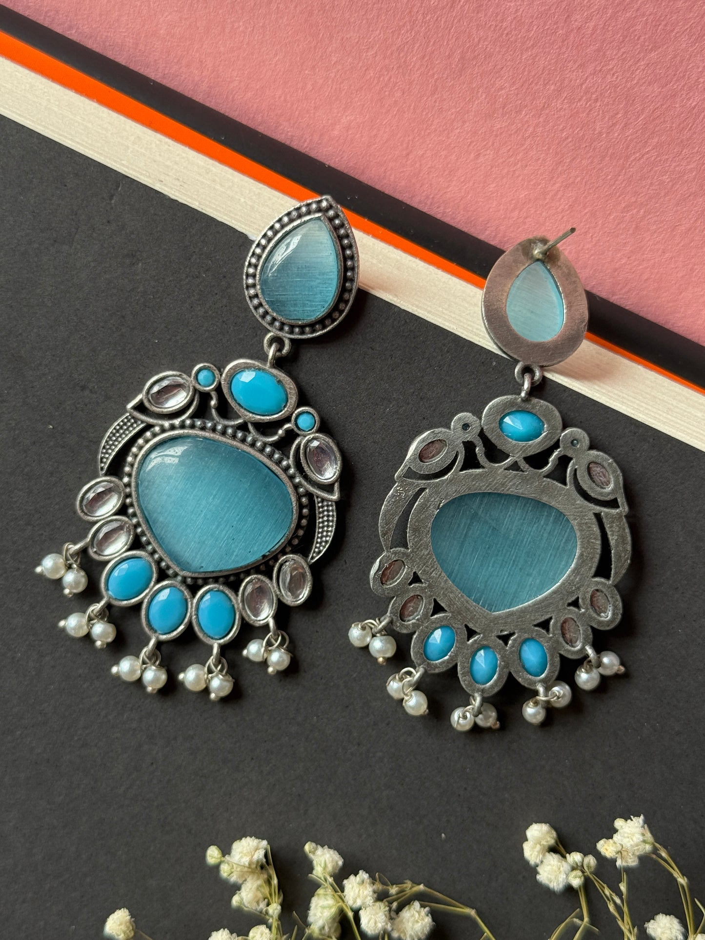 Party Wear Silk Stone Pearl Dangling Earrings