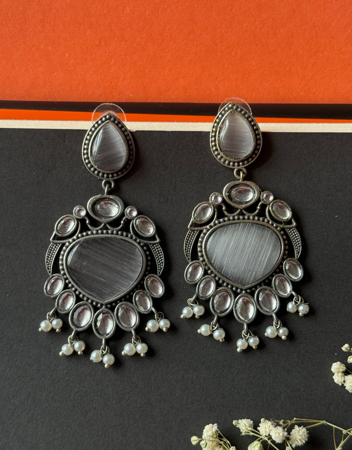 Party Wear Silk Stone Pearl Dangling Earrings
