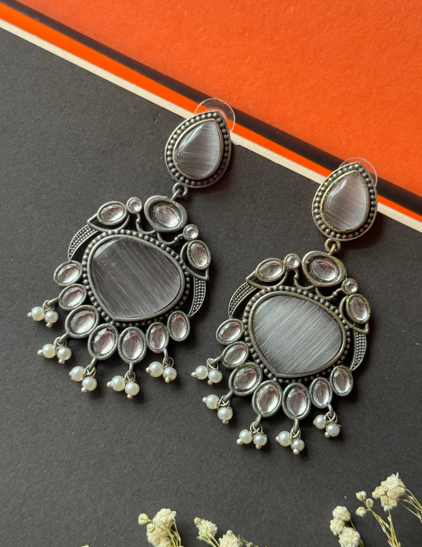 Party Wear Silk Stone Pearl Dangling Earrings