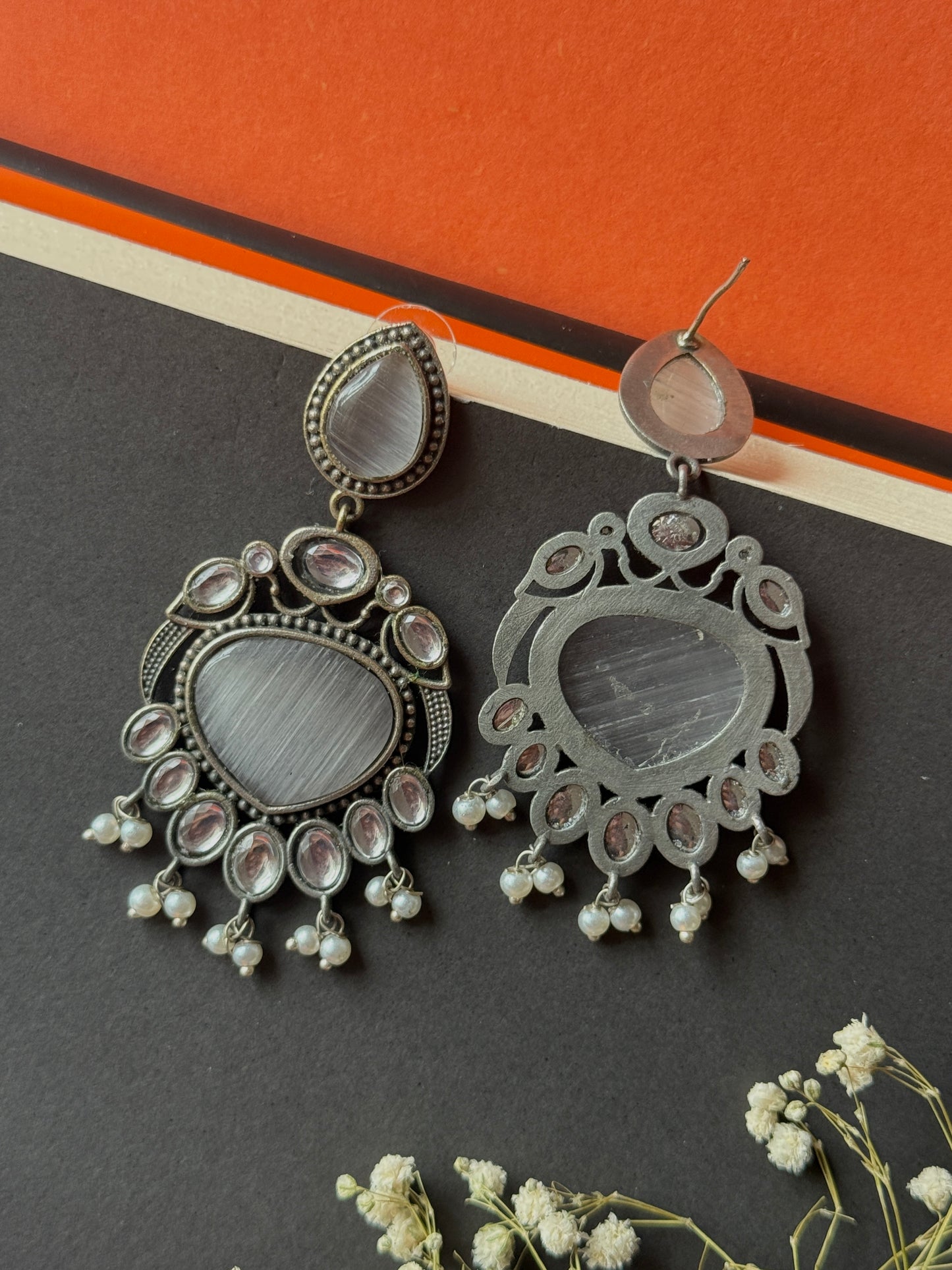 Party Wear Silk Stone Pearl Dangling Earrings