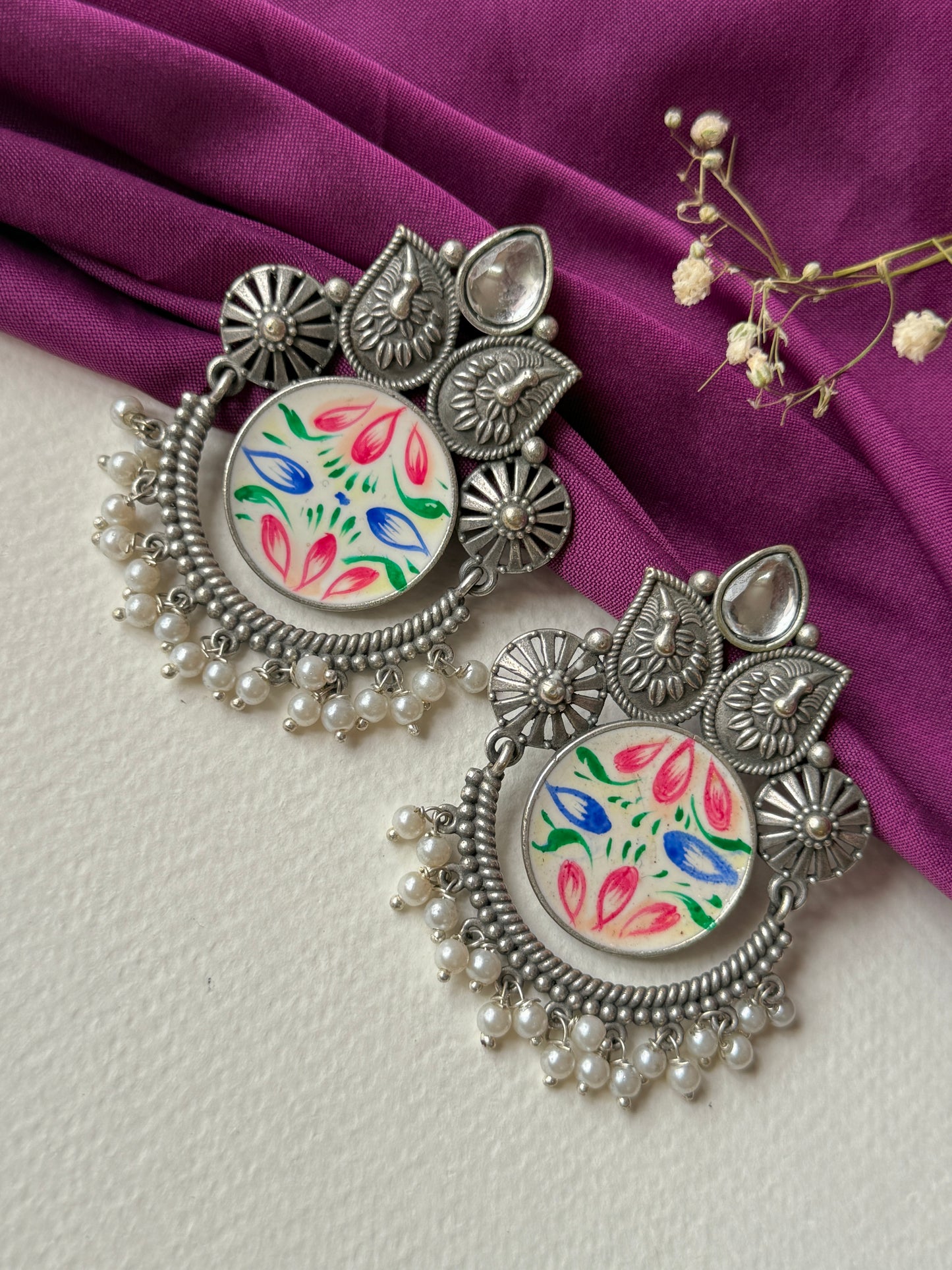 German Silver Round Hand Painted Earrings