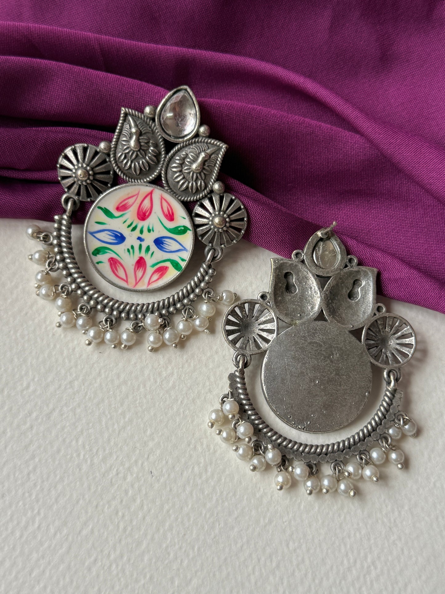 German Silver Round Hand Painted Earrings