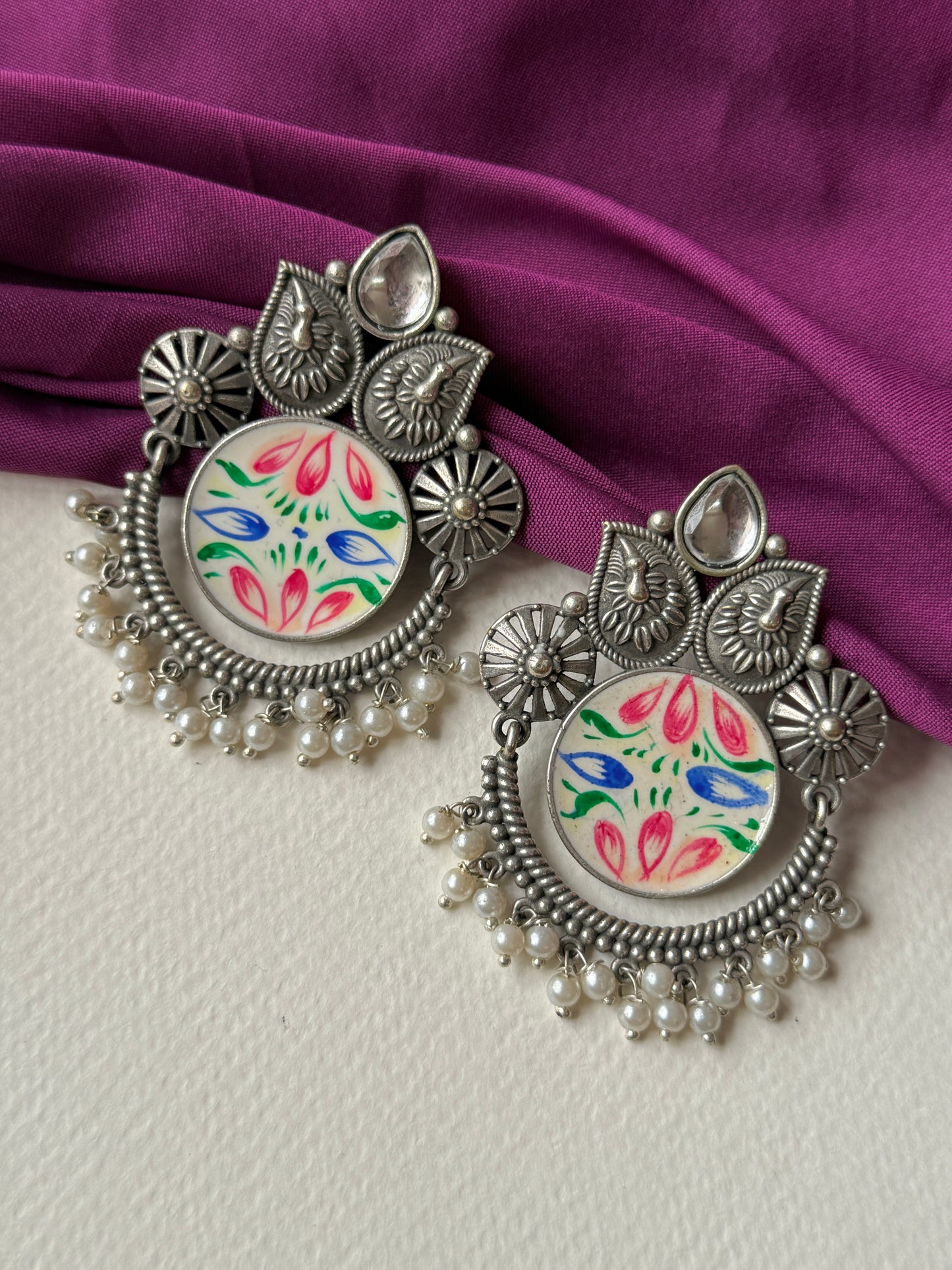 German Silver Round Hand Painted Earrings