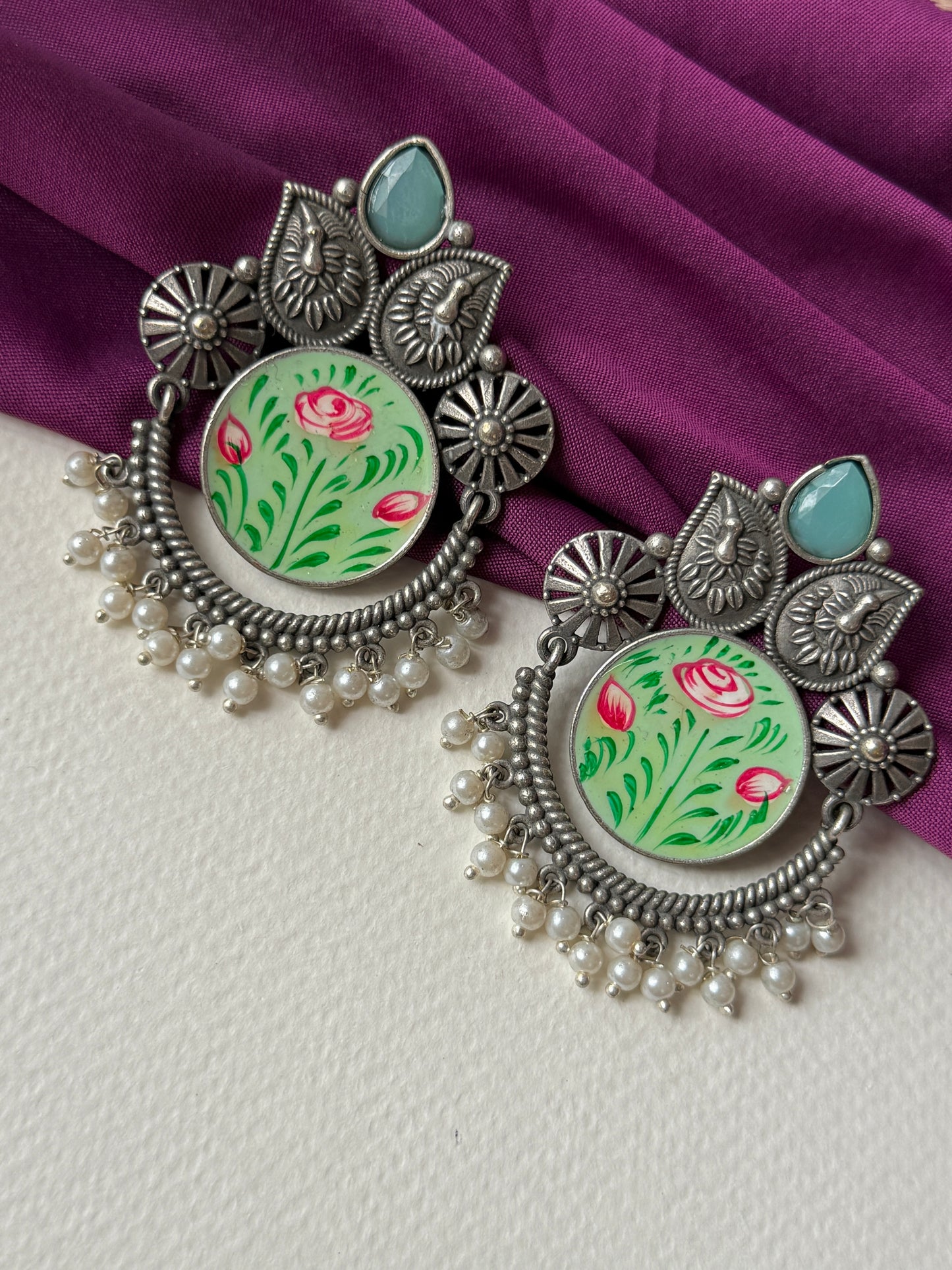German Silver Round Hand Painted Earrings