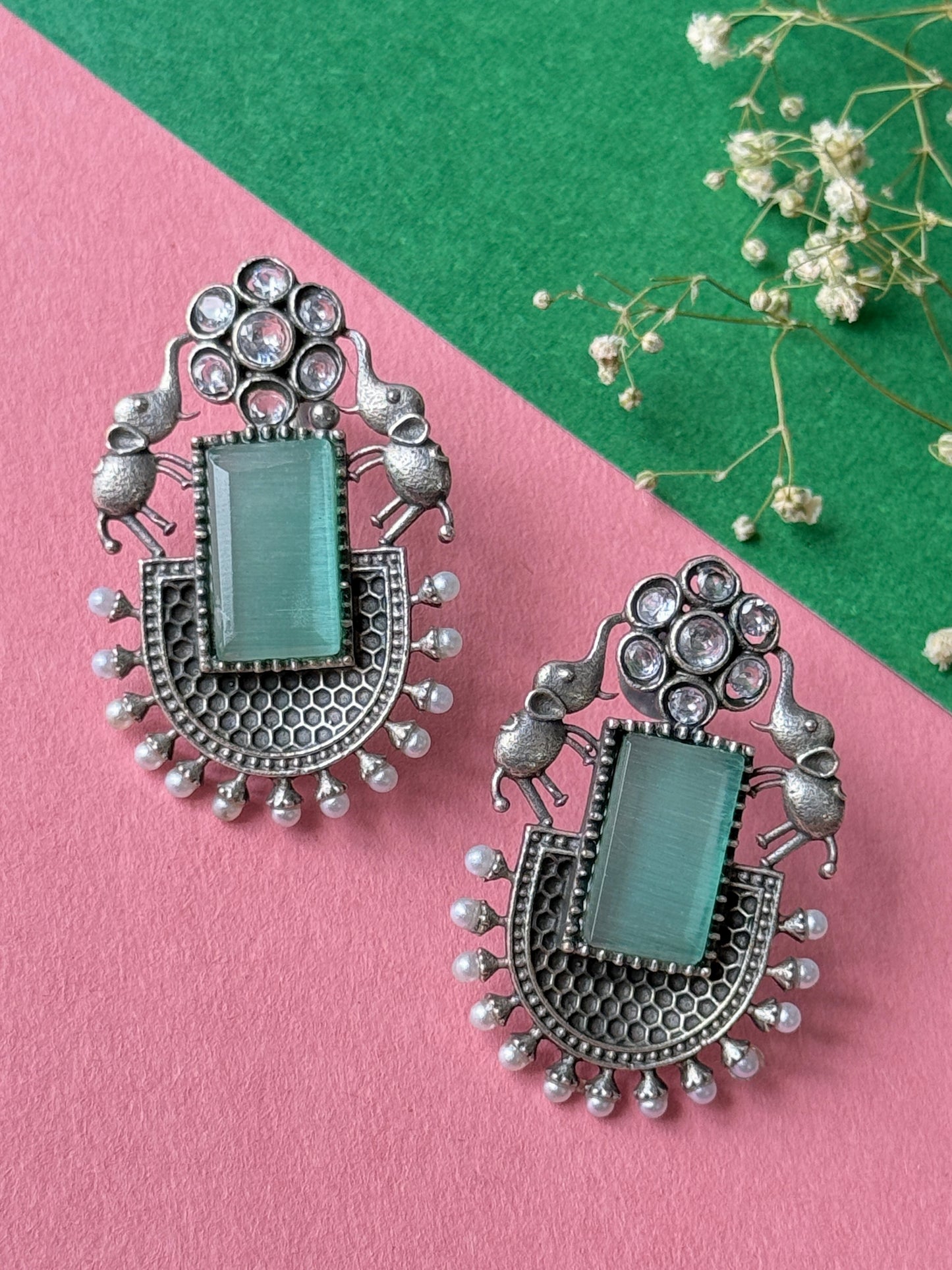German Silver Silk Stone Embedded Earrings