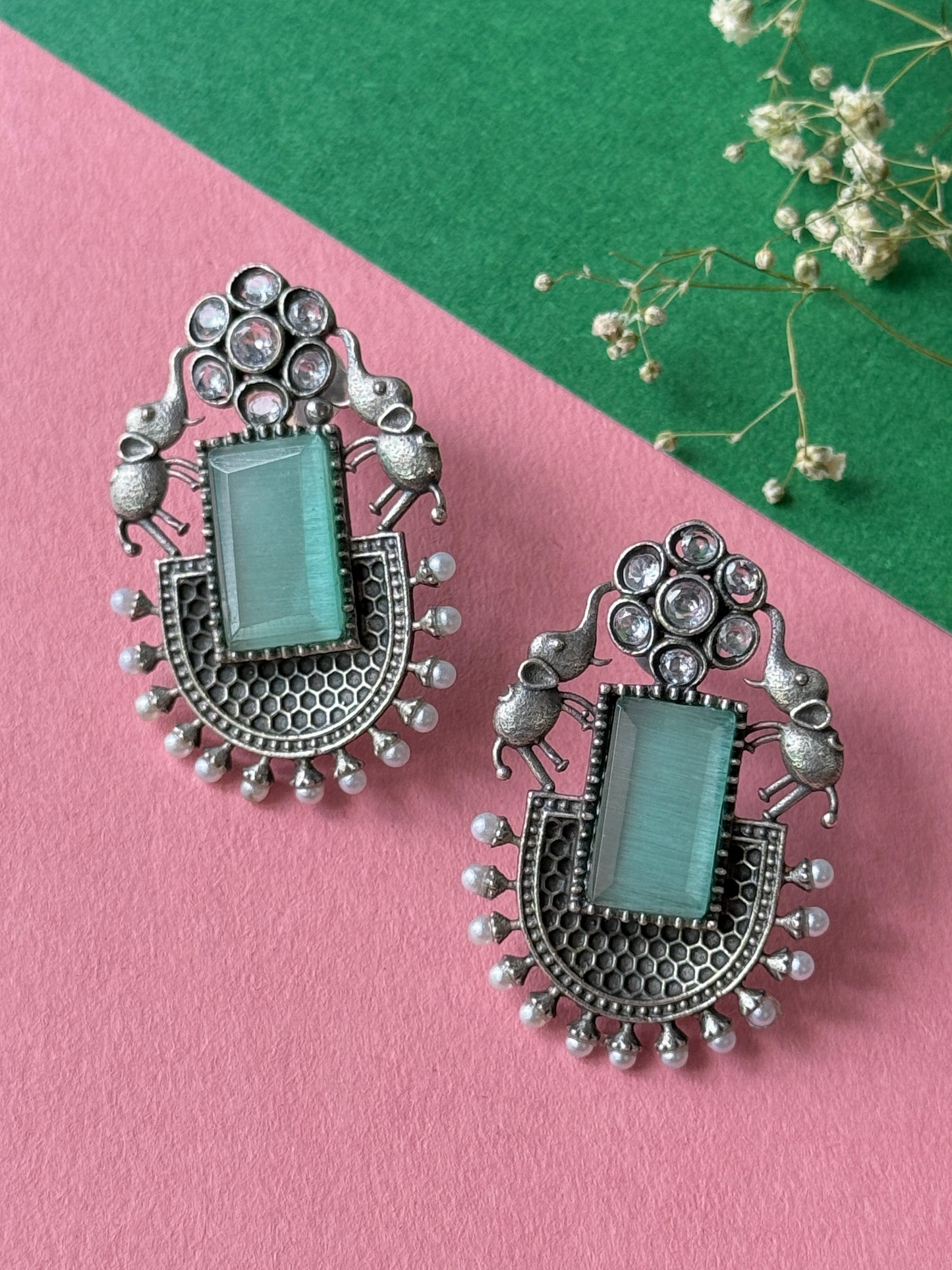 German Silver Silk Stone Embedded Earrings
