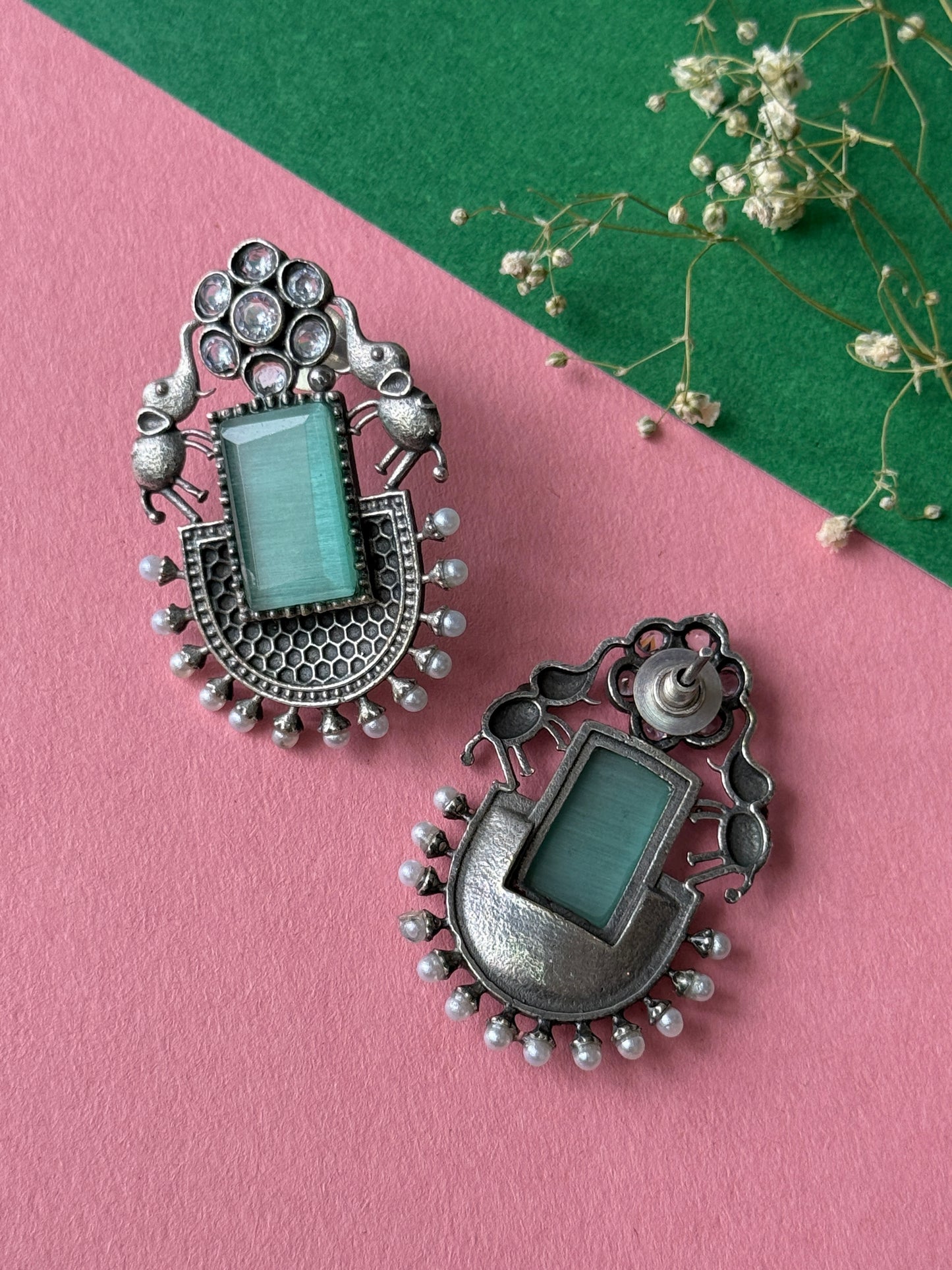 German Silver Silk Stone Embedded Earrings