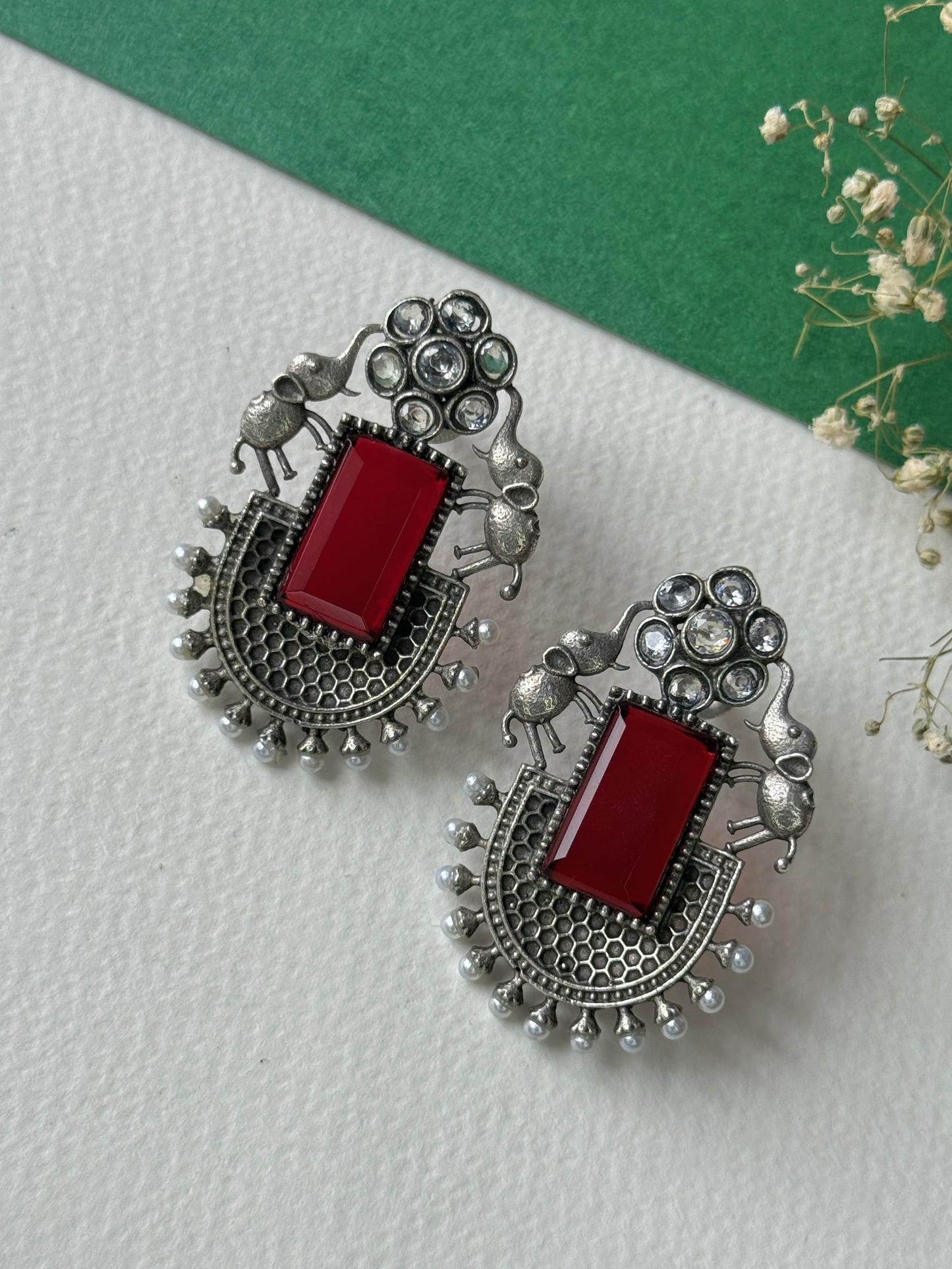 German Silver Silk Stone Embedded Earrings