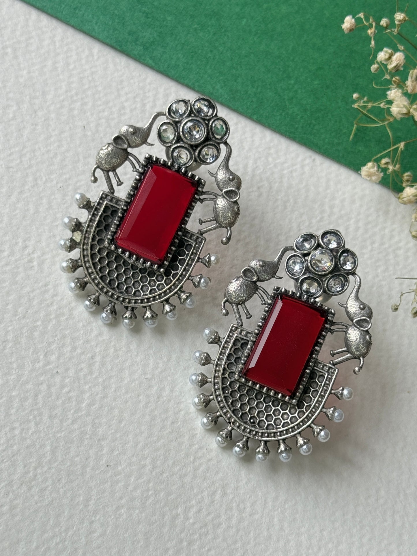 German Silver Silk Stone Embedded Earrings