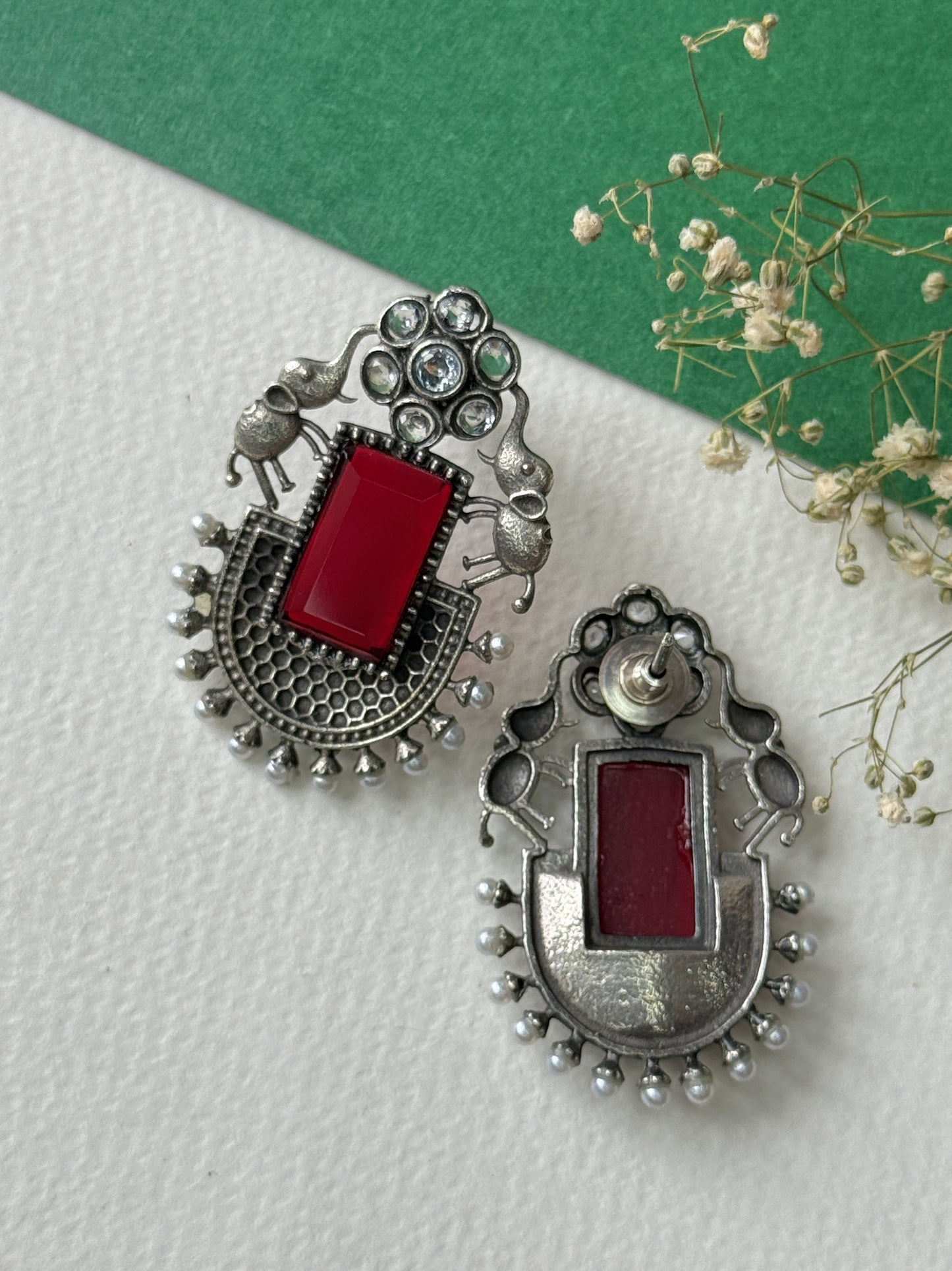 German Silver Silk Stone Embedded Earrings