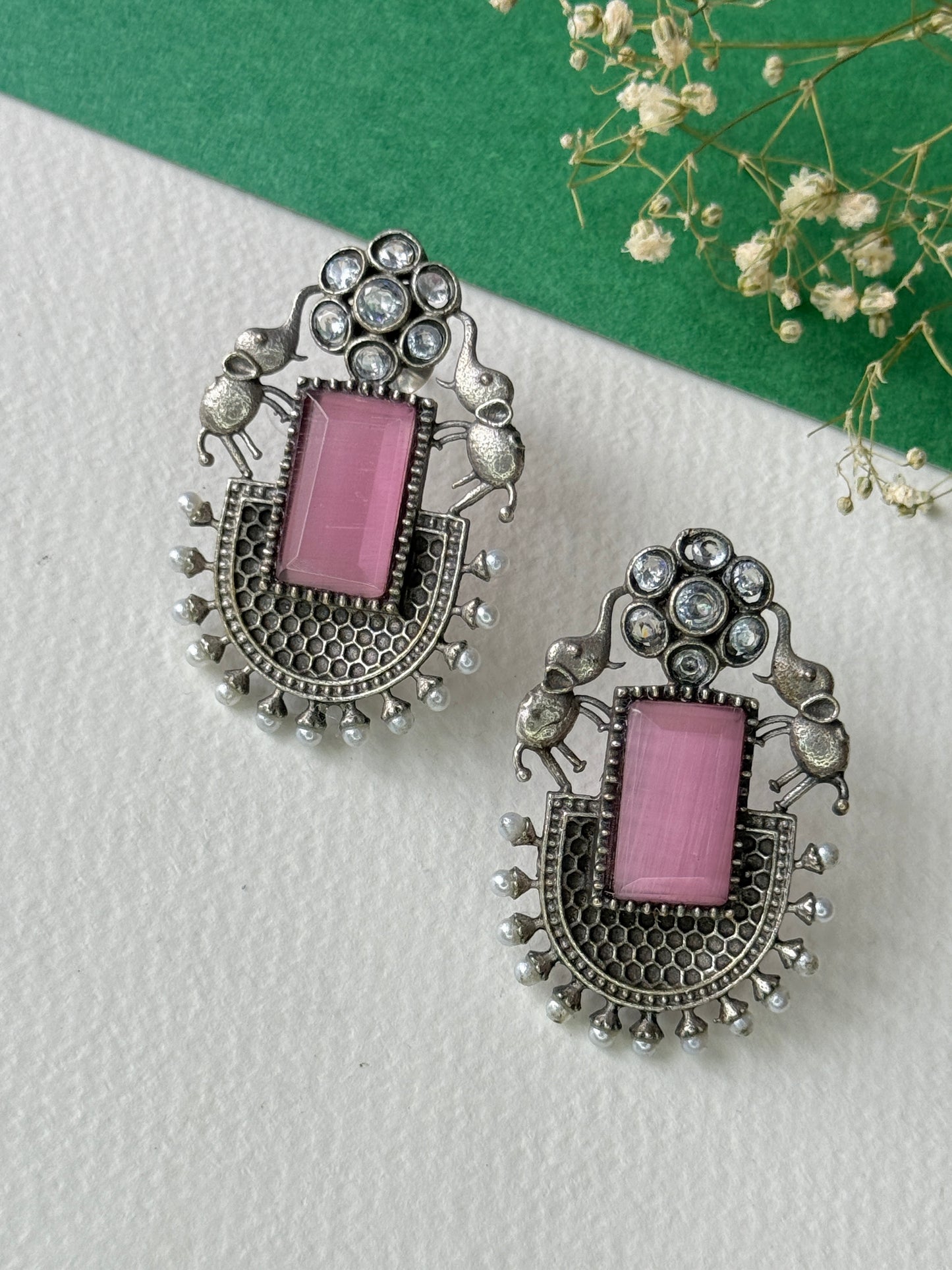 German Silver Silk Stone Embedded Earrings