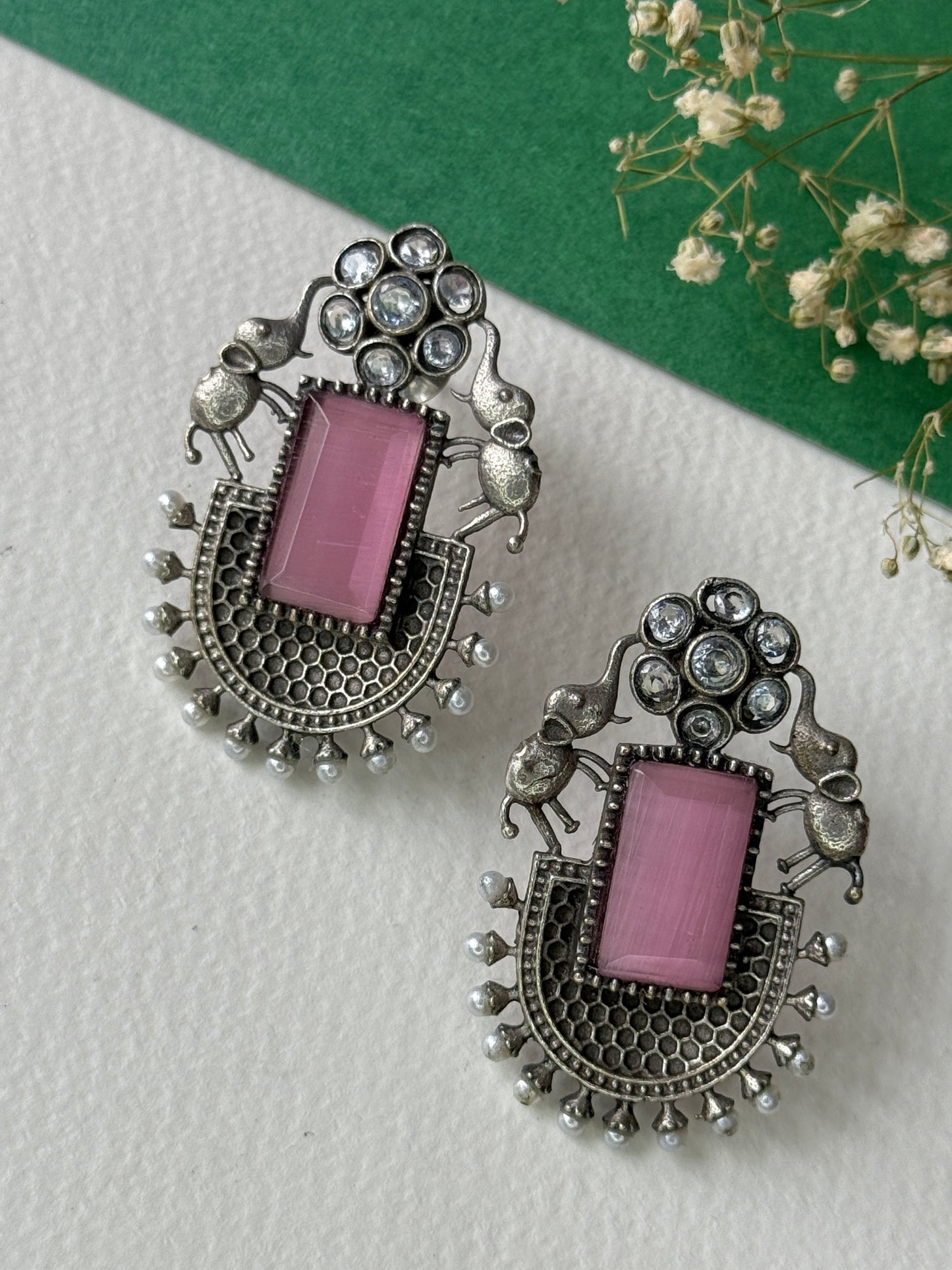German Silver Silk Stone Embedded Earrings