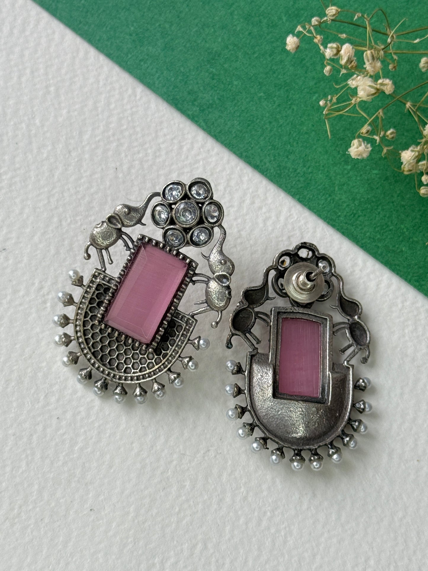 German Silver Silk Stone Embedded Earrings