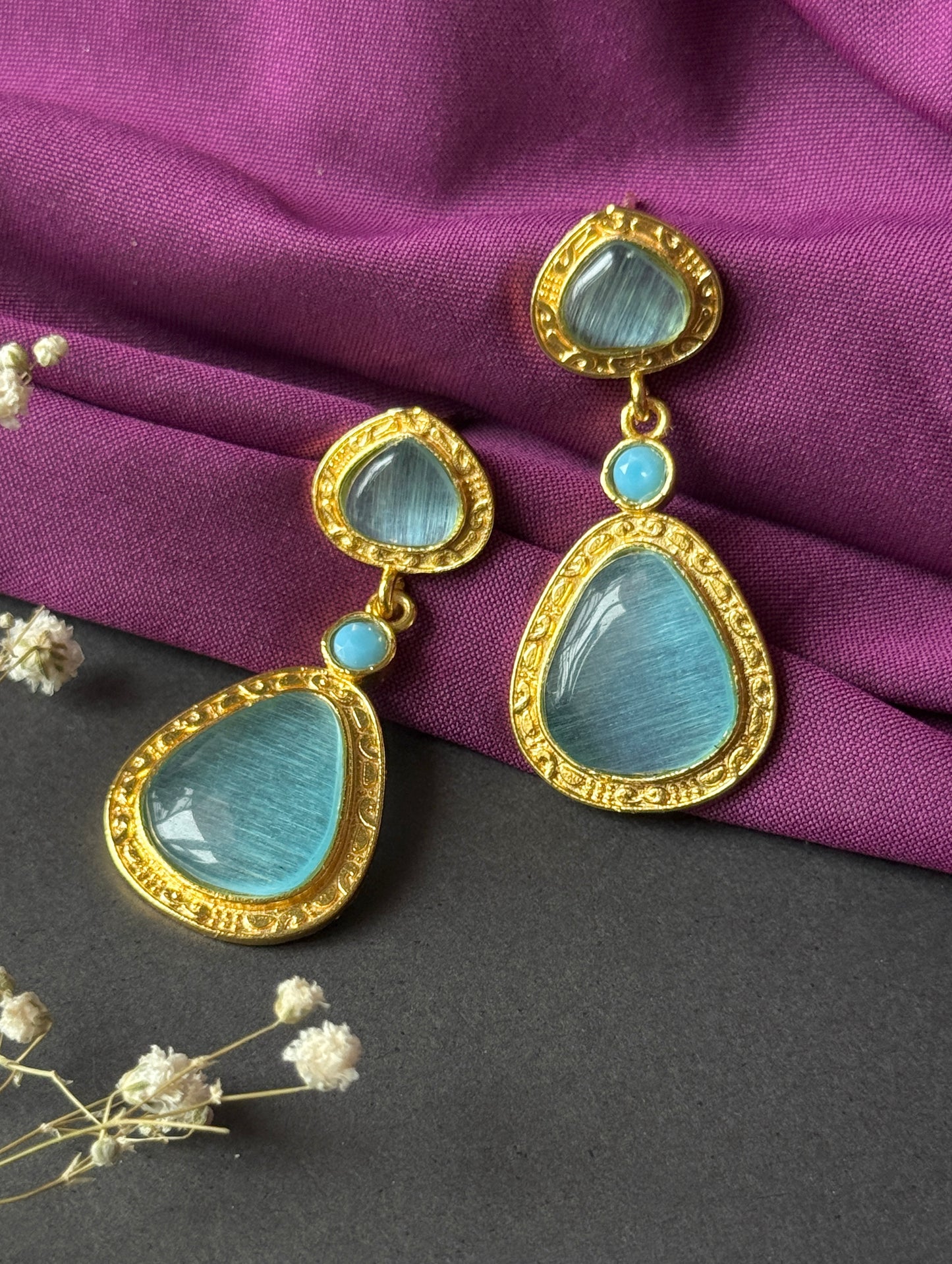 Statement Golden Earrings with Triple Monalisa Stones