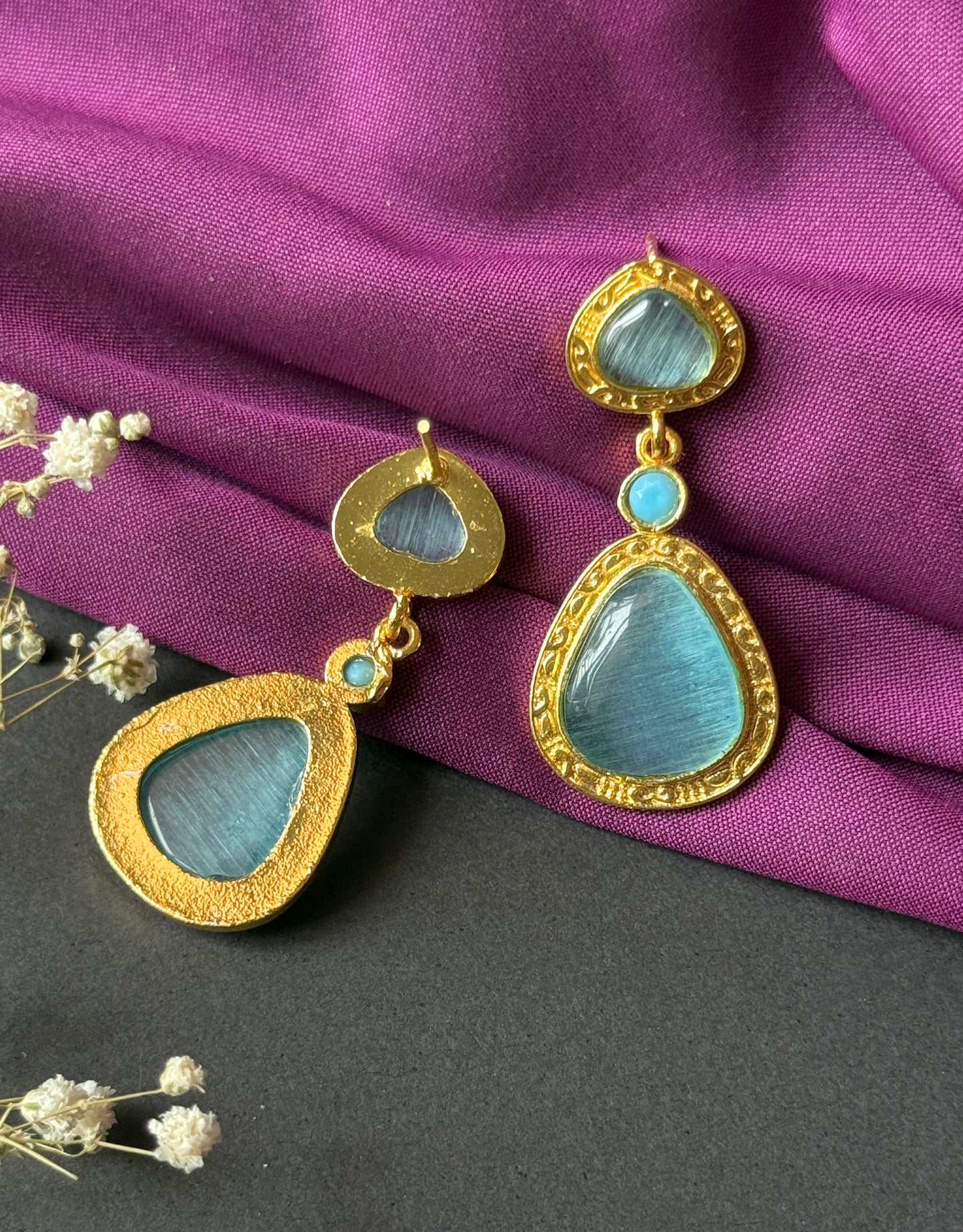 Statement Golden Earrings with Triple Monalisa Stones