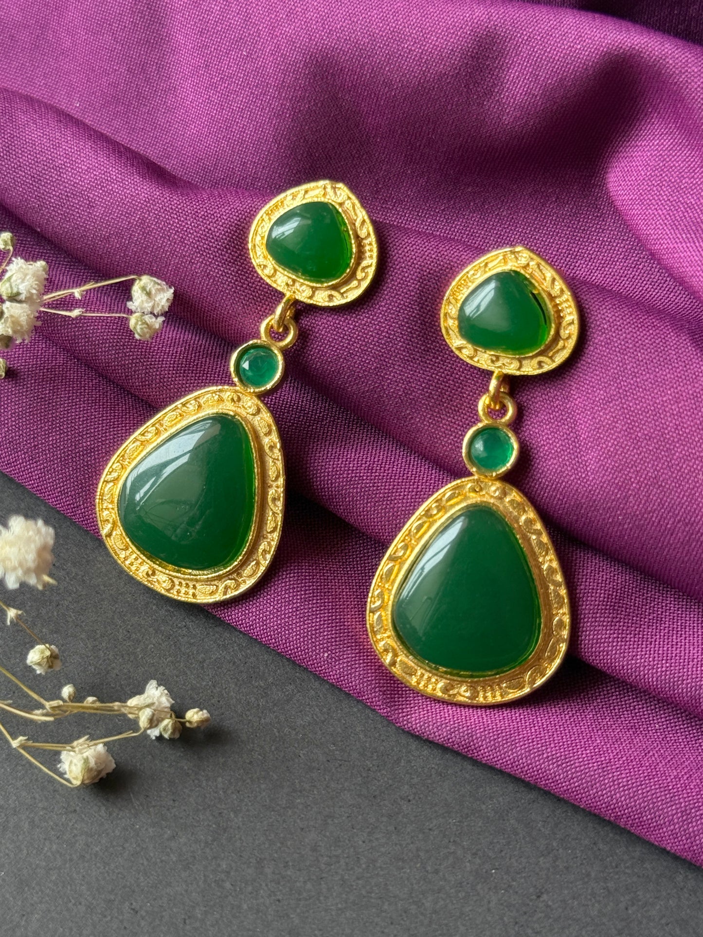 Statement Golden Earrings with Triple Monalisa Stones