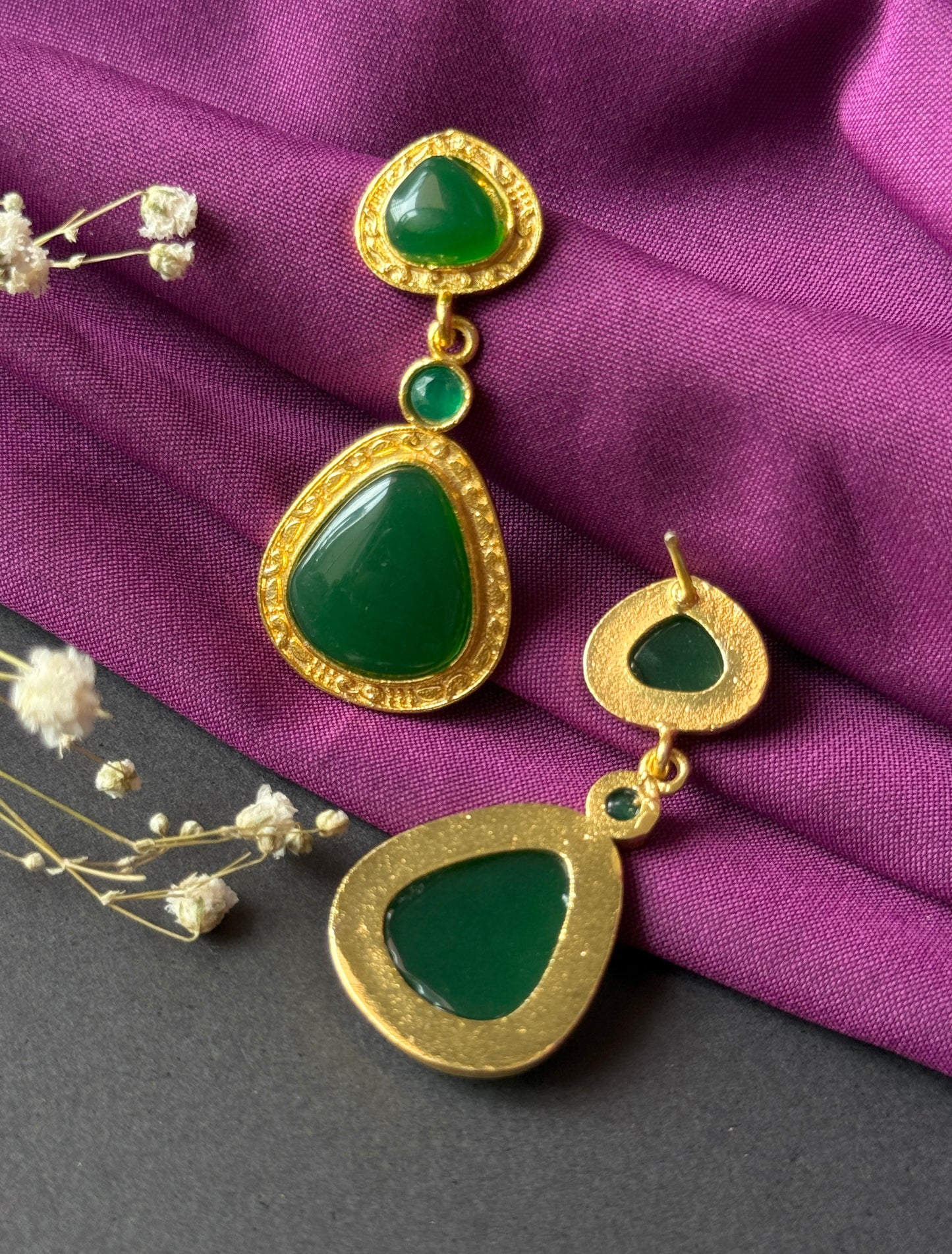 Statement Golden Earrings with Triple Monalisa Stones
