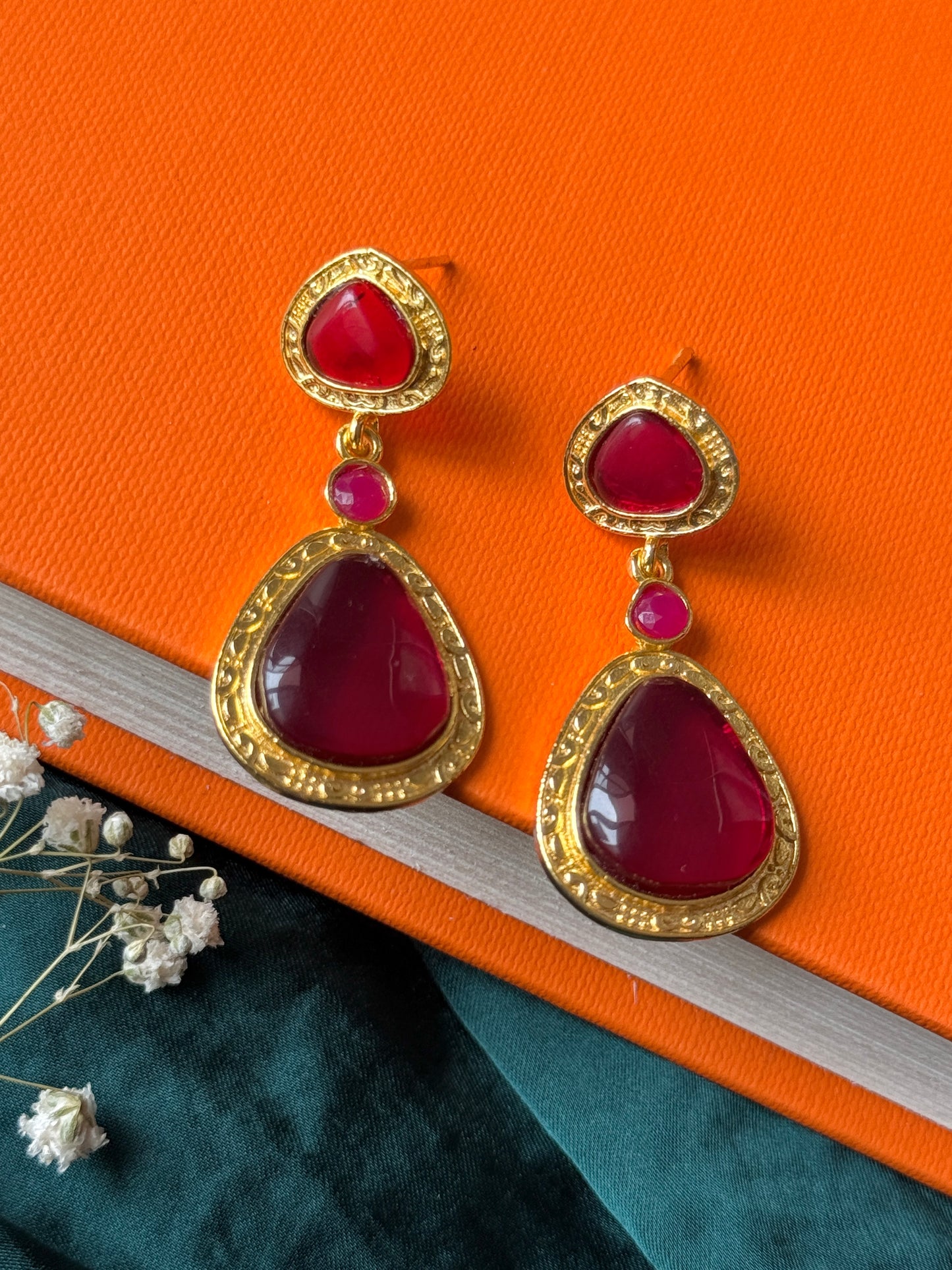 Statement Golden Earrings with Triple Monalisa Stones