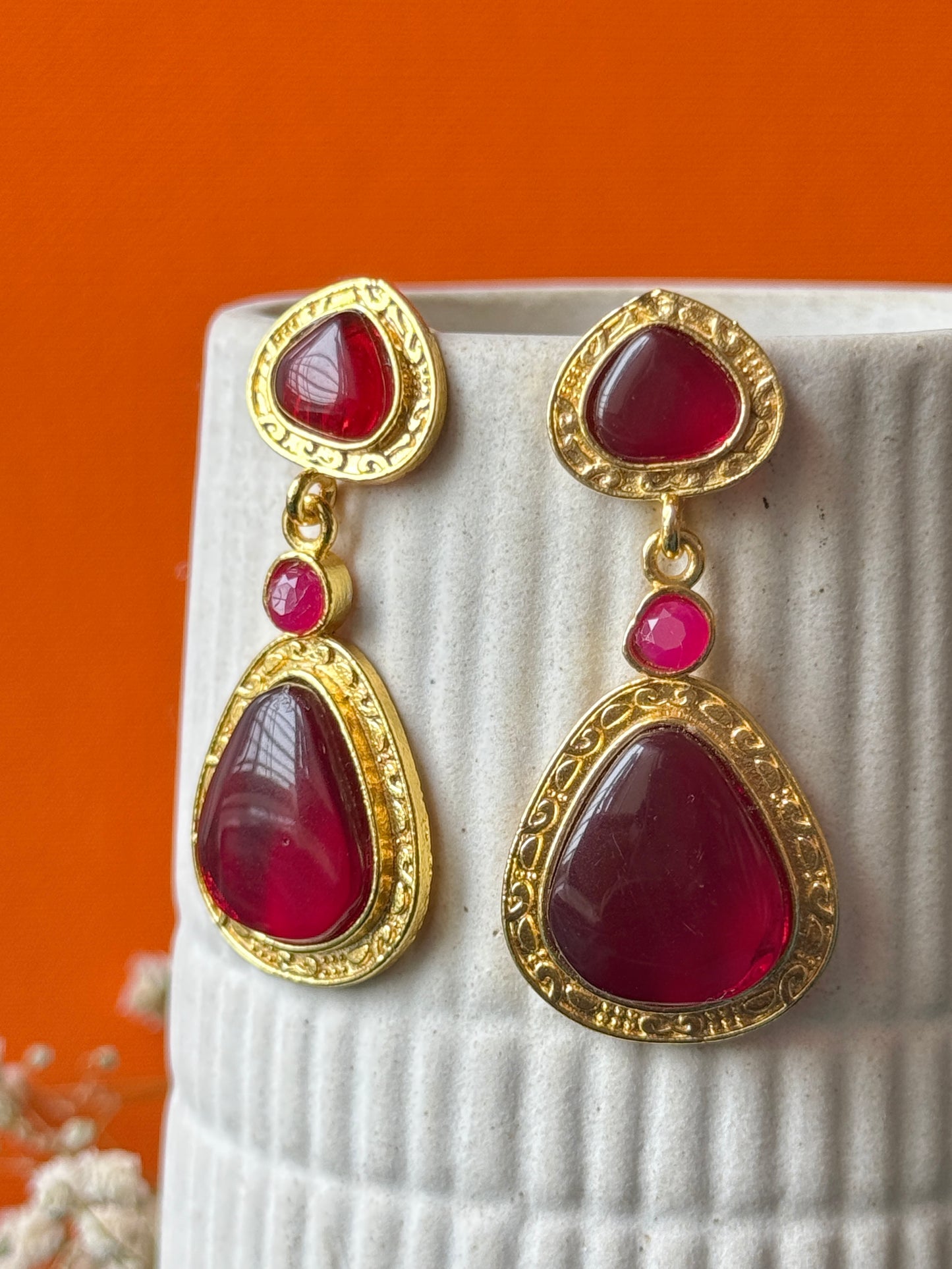 Statement Golden Earrings with Triple Monalisa Stones