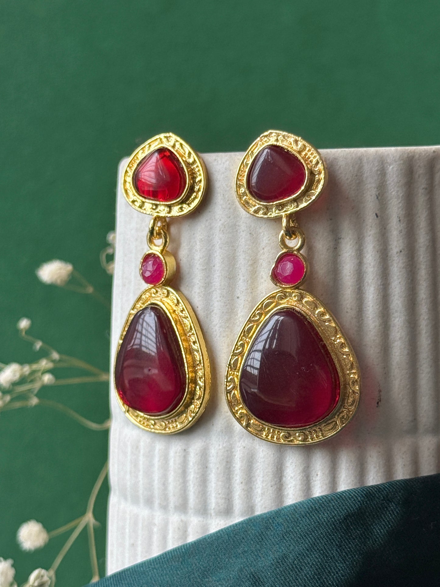 Statement Golden Earrings with Triple Monalisa Stones