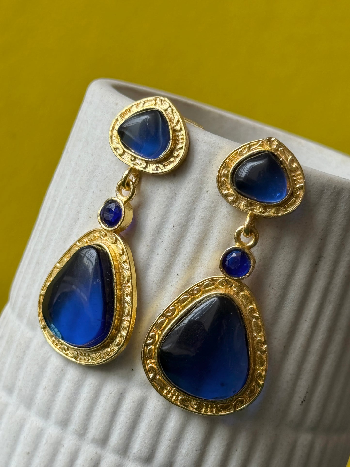 Statement Golden Earrings with Triple Monalisa Stones