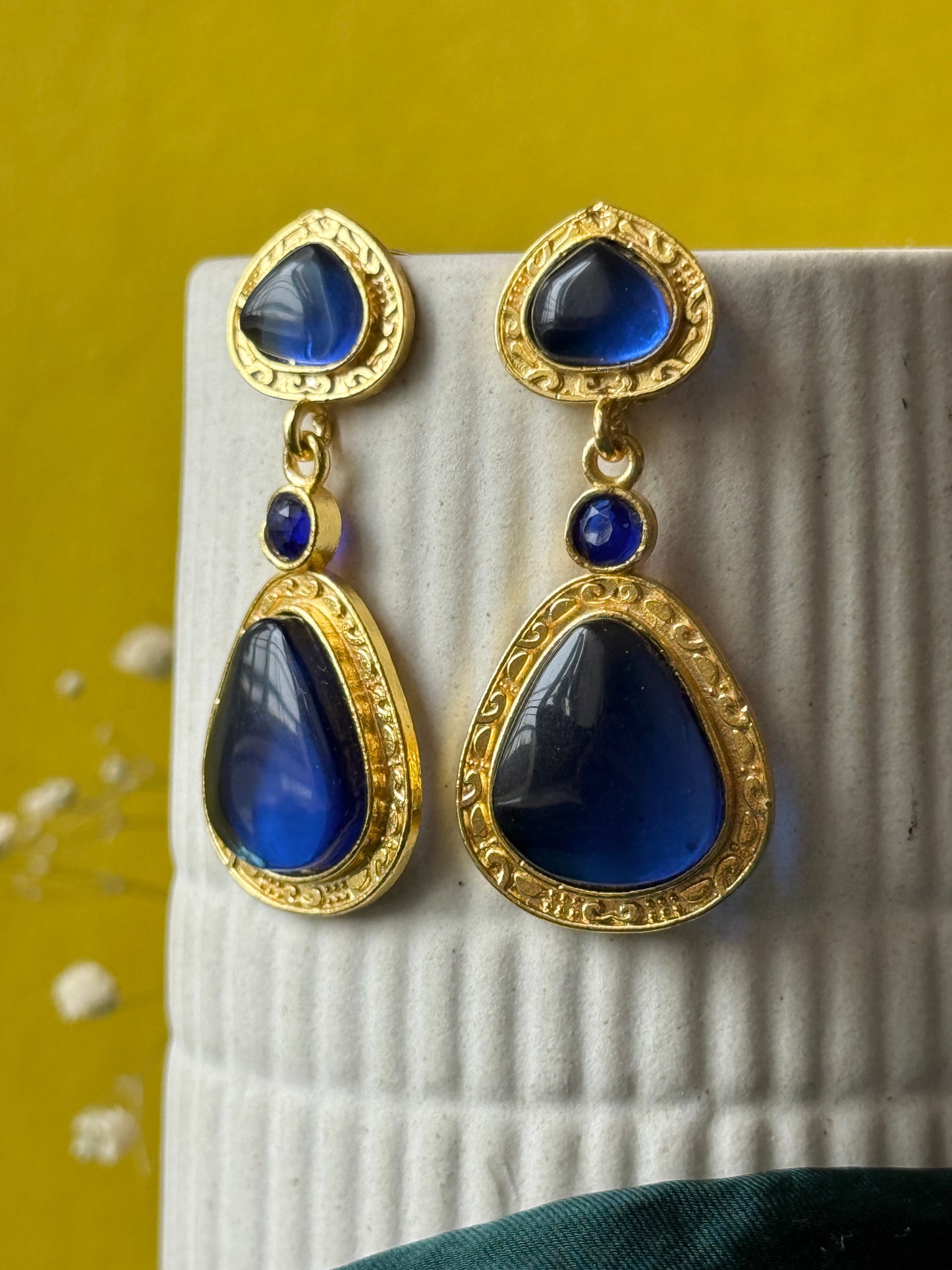 Statement Golden Earrings with Triple Monalisa Stones