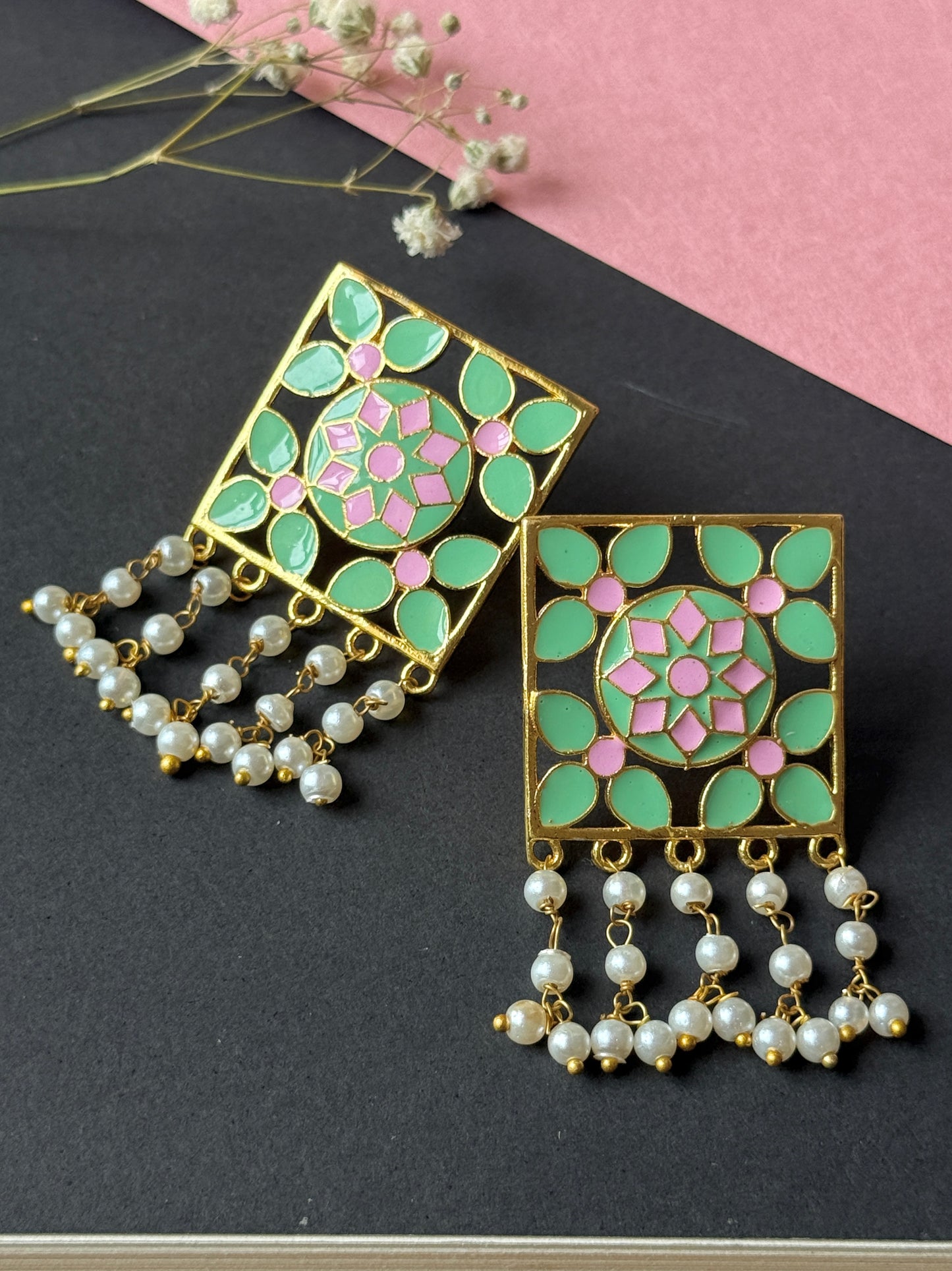 Hand-Painted Golden Square Earrings for Women