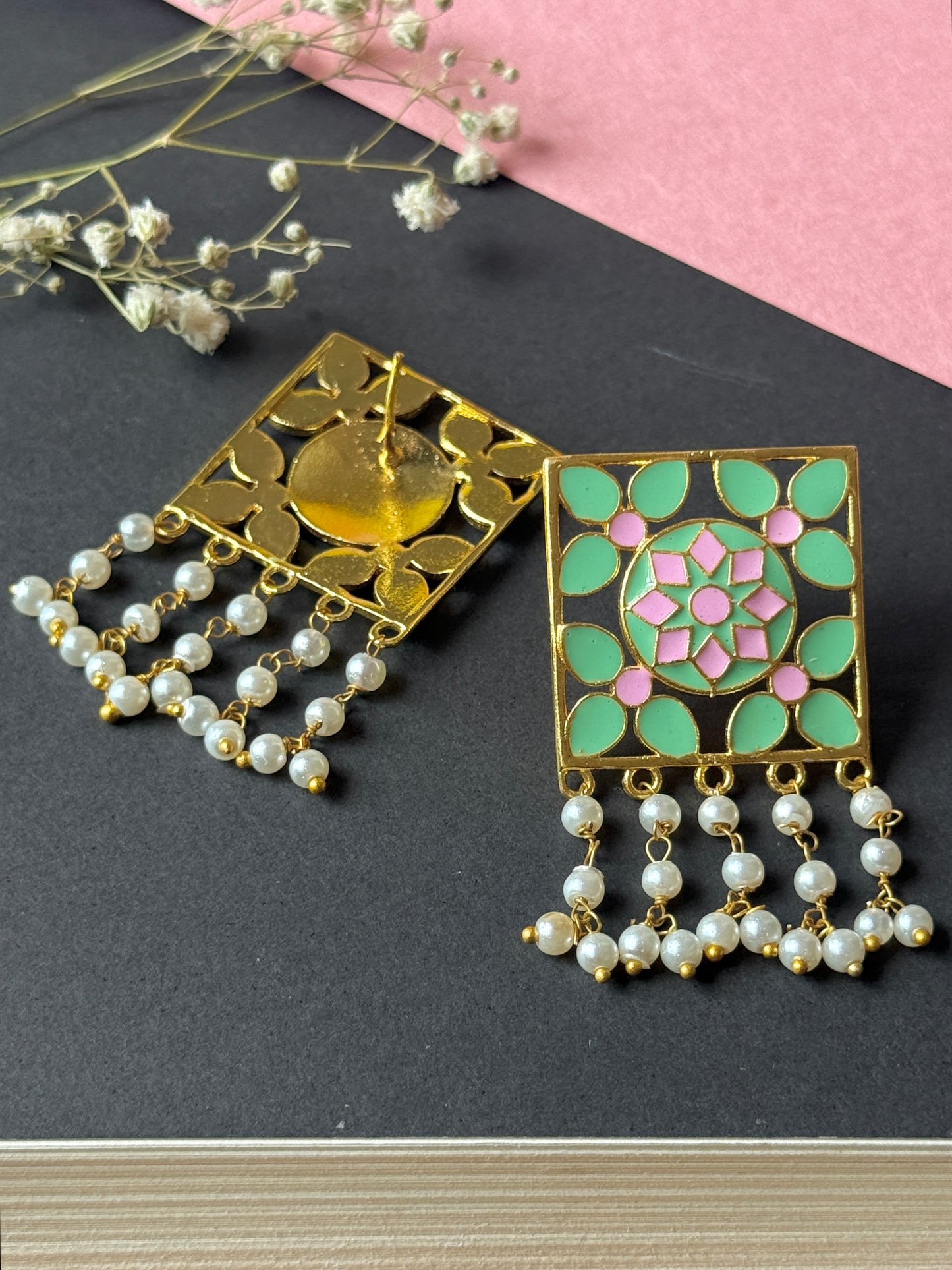 Hand-Painted Golden Square Earrings for Women