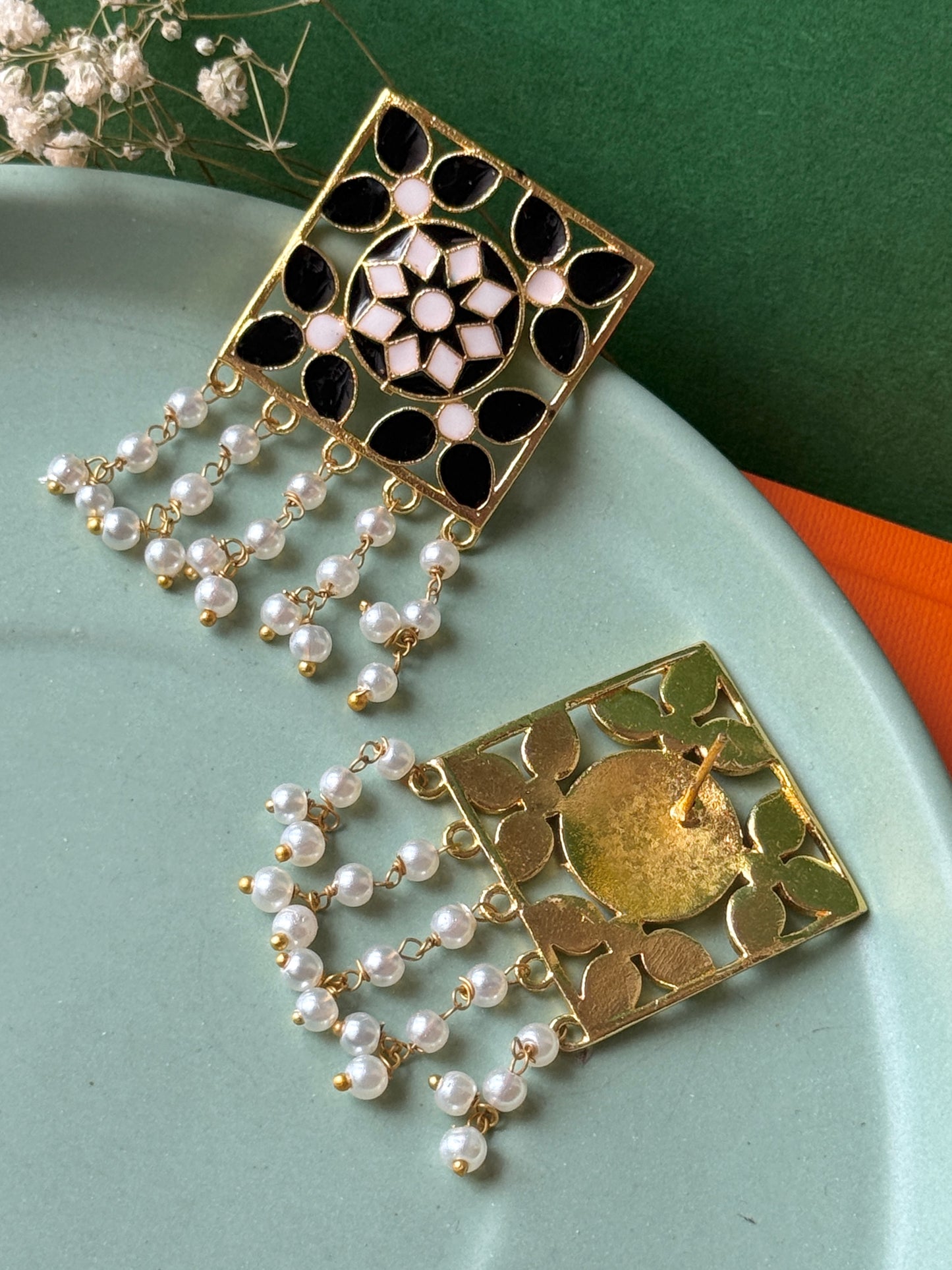 Hand-Painted Golden Square Earrings for Women