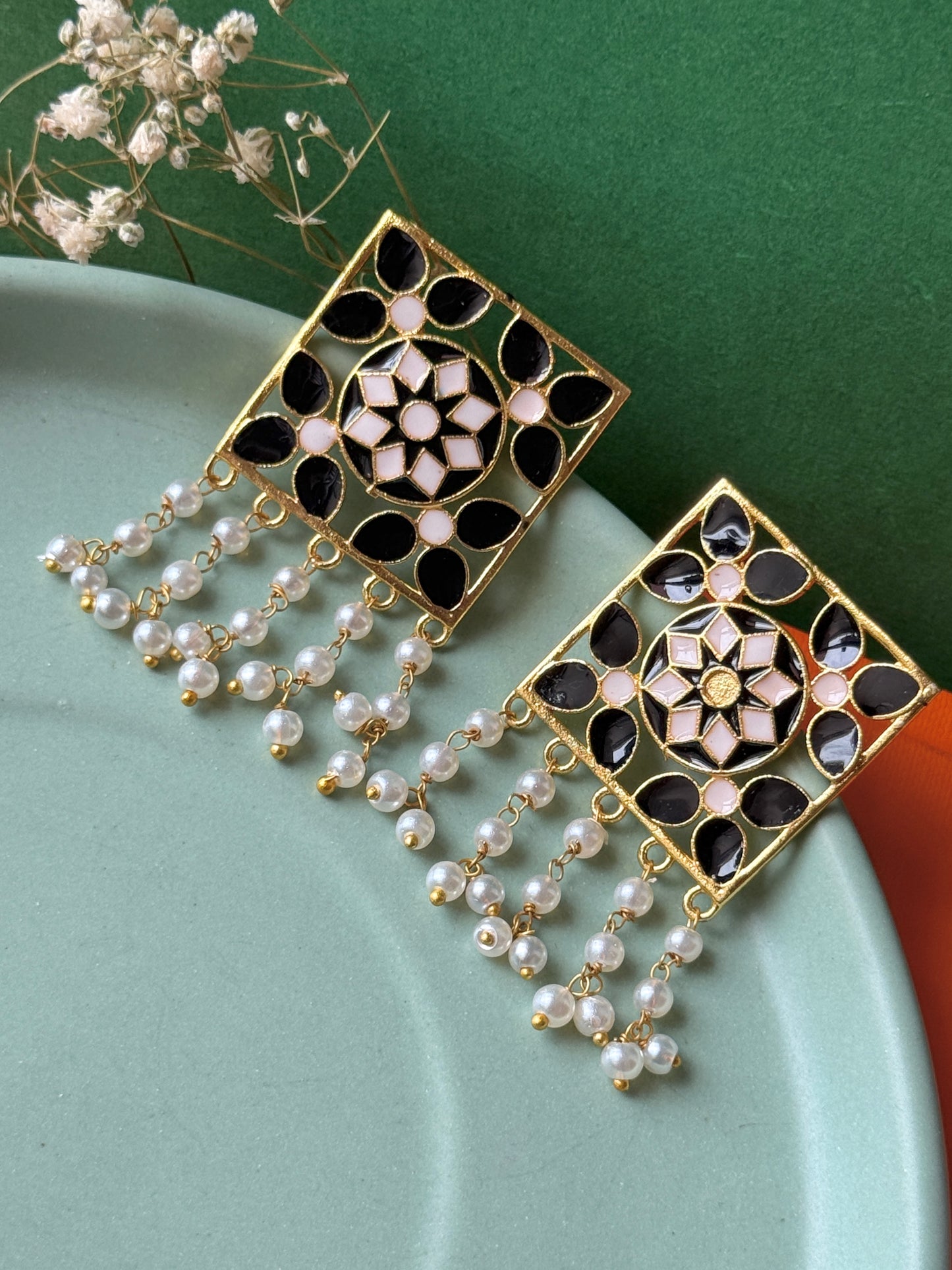 Hand-Painted Golden Square Earrings for Women
