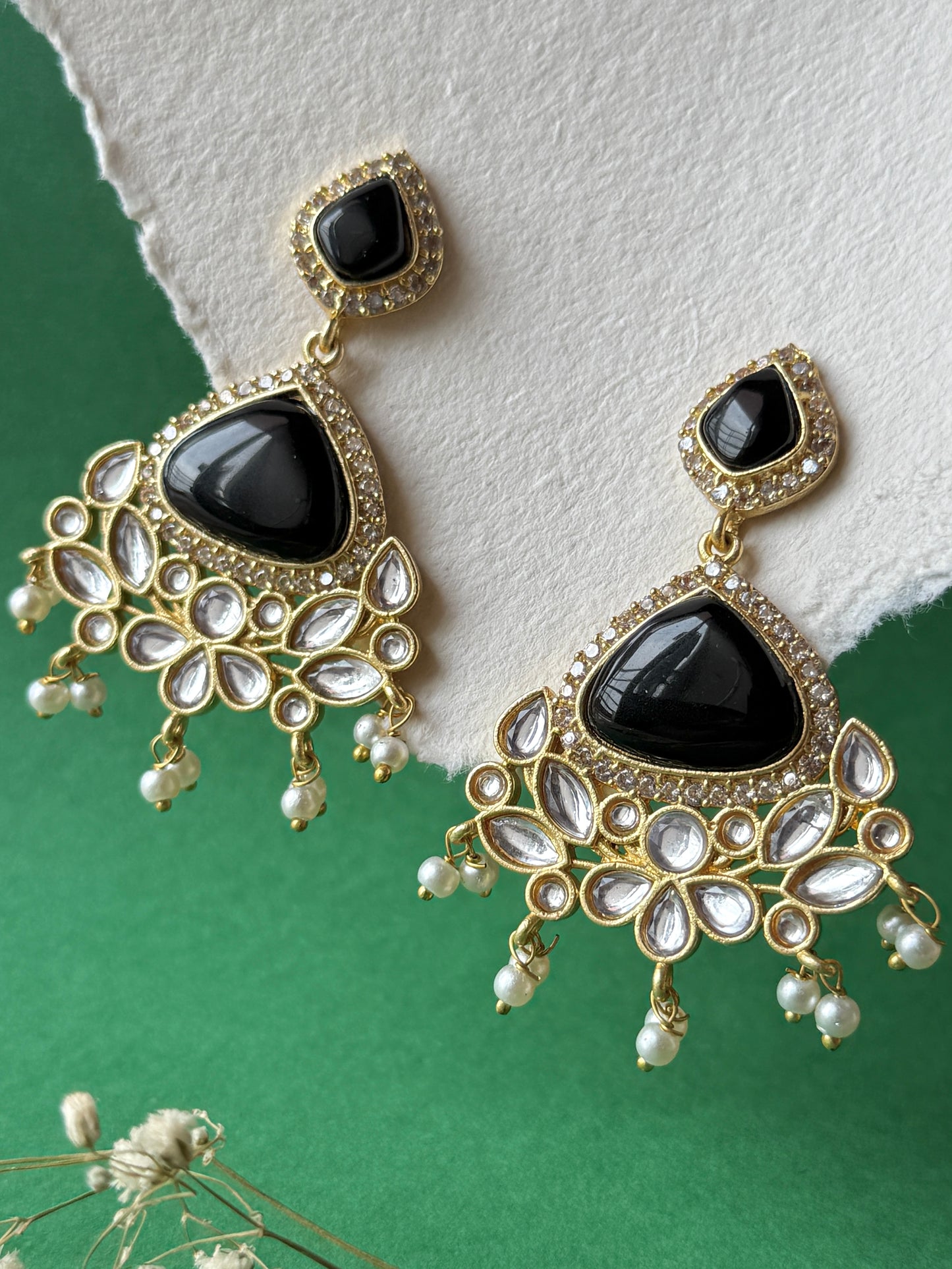 Silk Stone Embedded Party Wear Golden Earrings