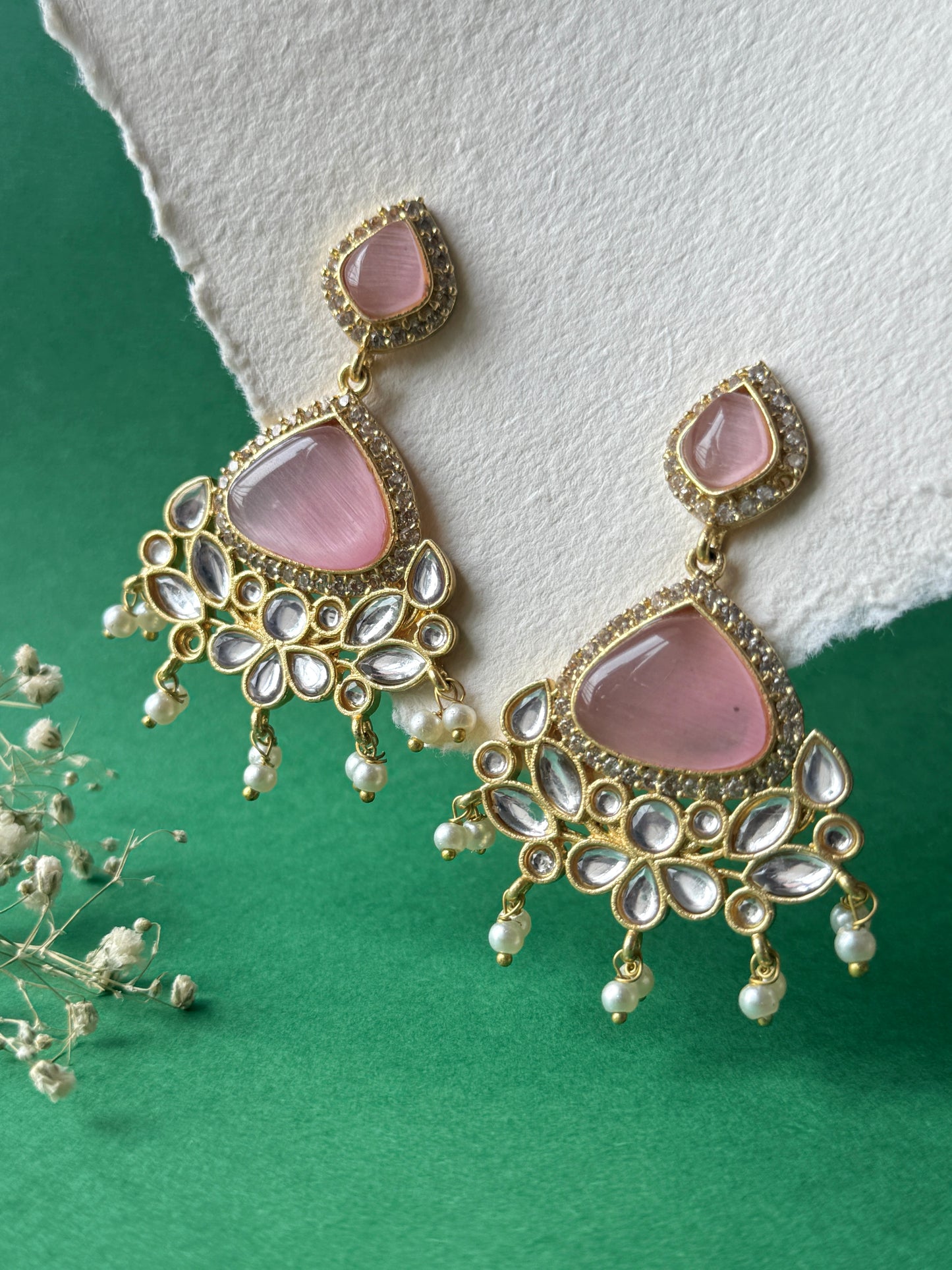 Silk Stone Embedded Party Wear Golden Earrings