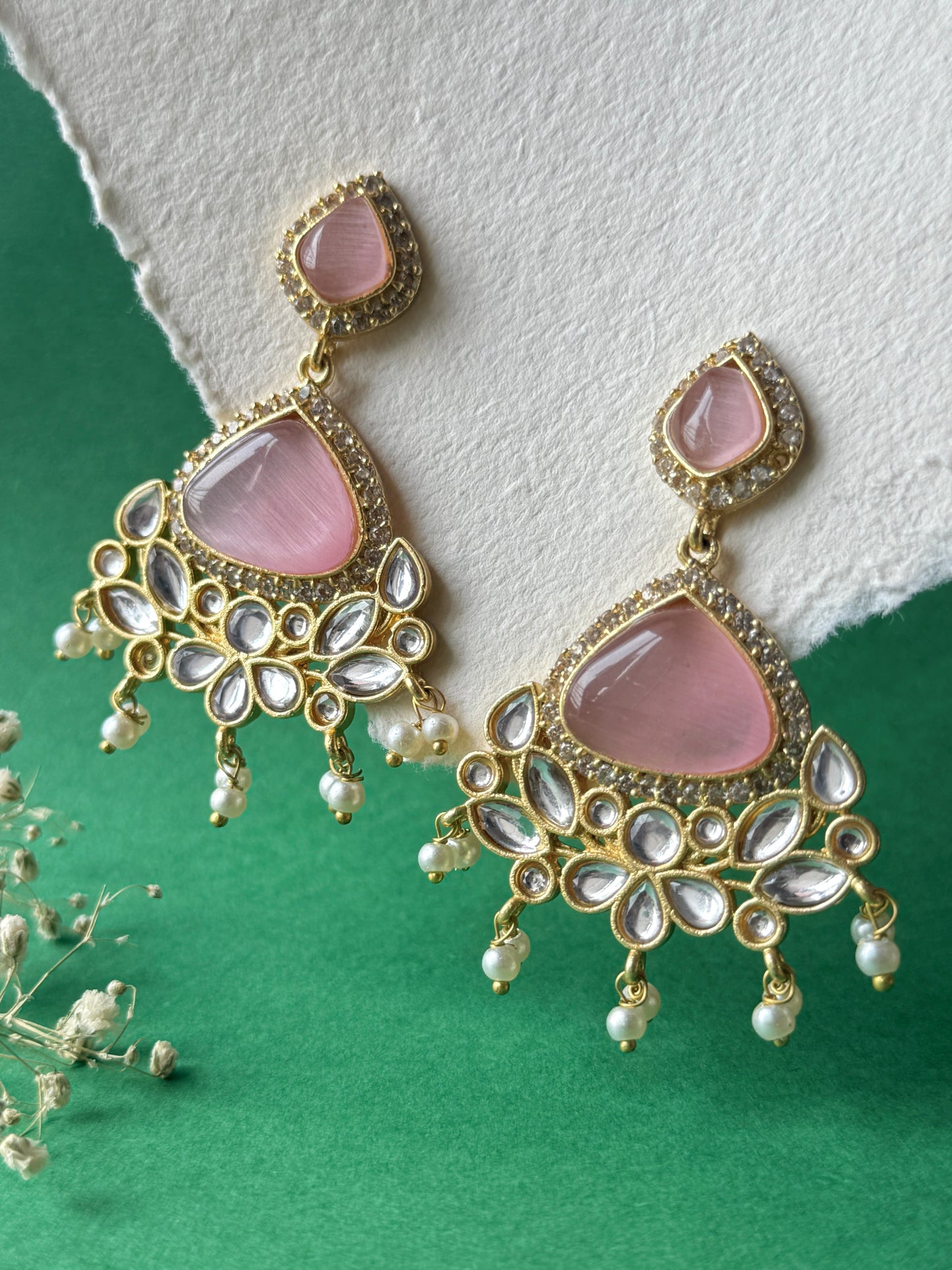Silk Stone Embedded Party Wear Golden Earrings