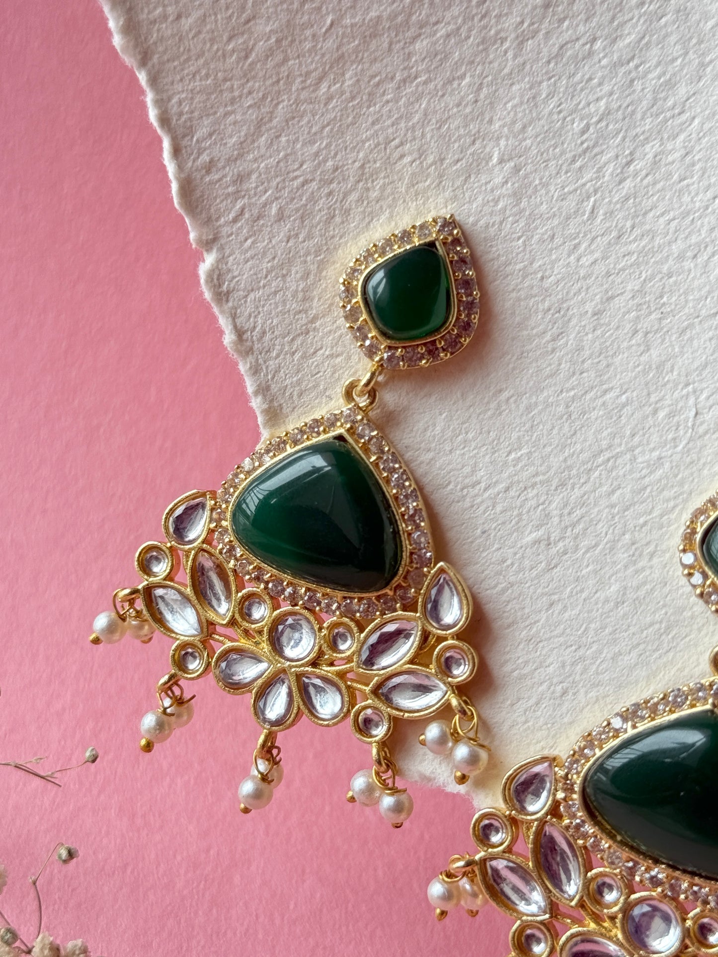 Silk Stone Embedded Party Wear Golden Earrings