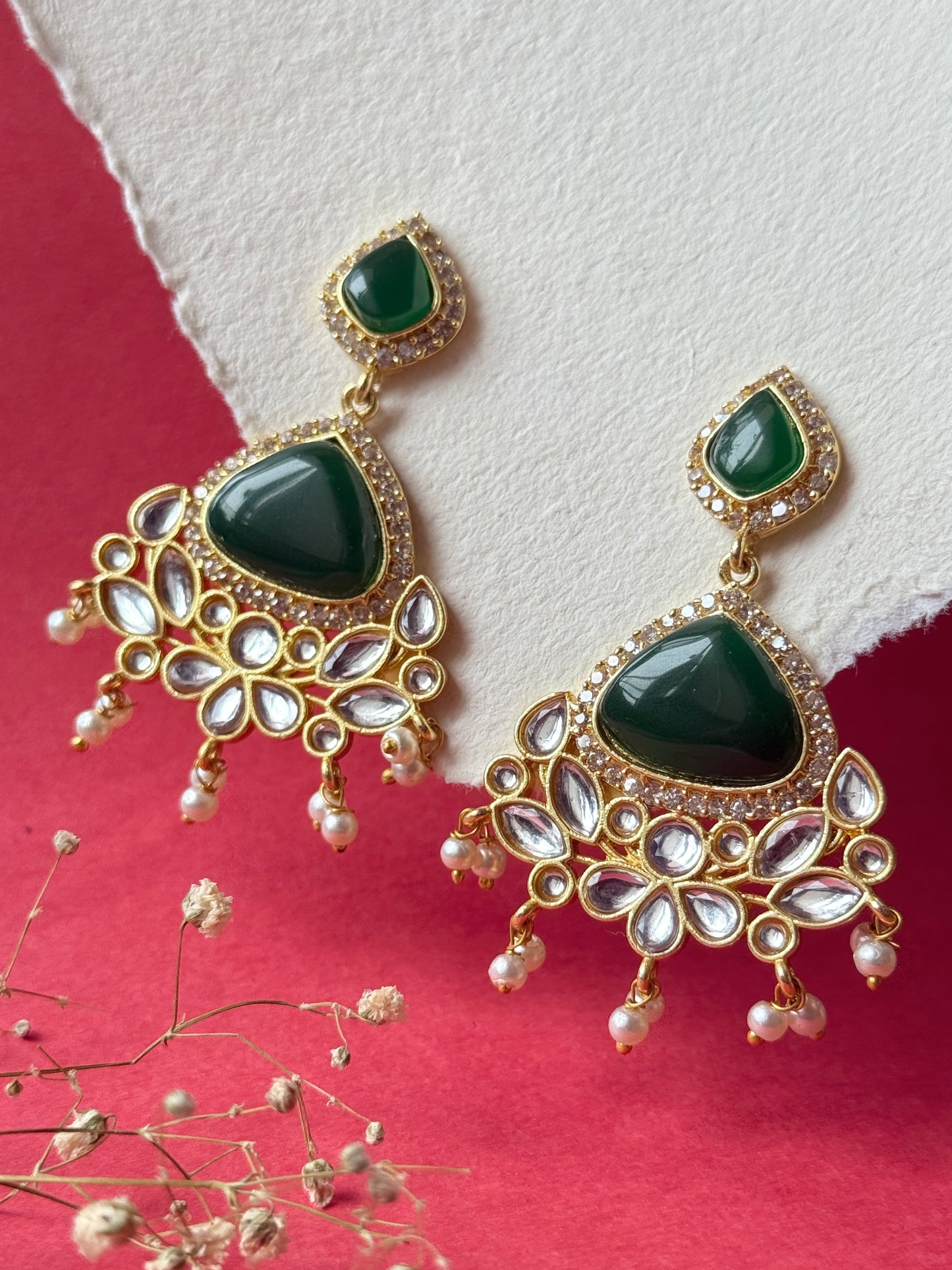 Silk Stone Embedded Party Wear Golden Earrings