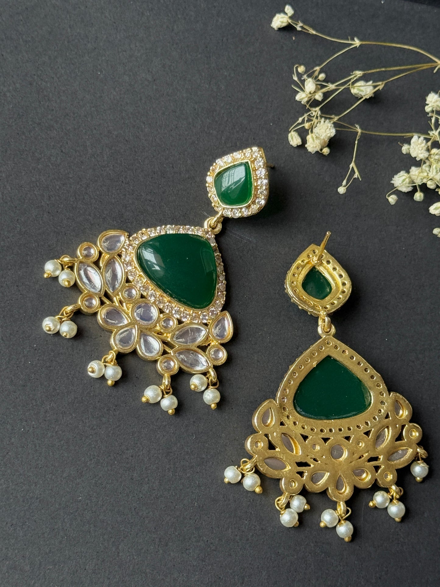 Silk Stone Embedded Party Wear Golden Earrings