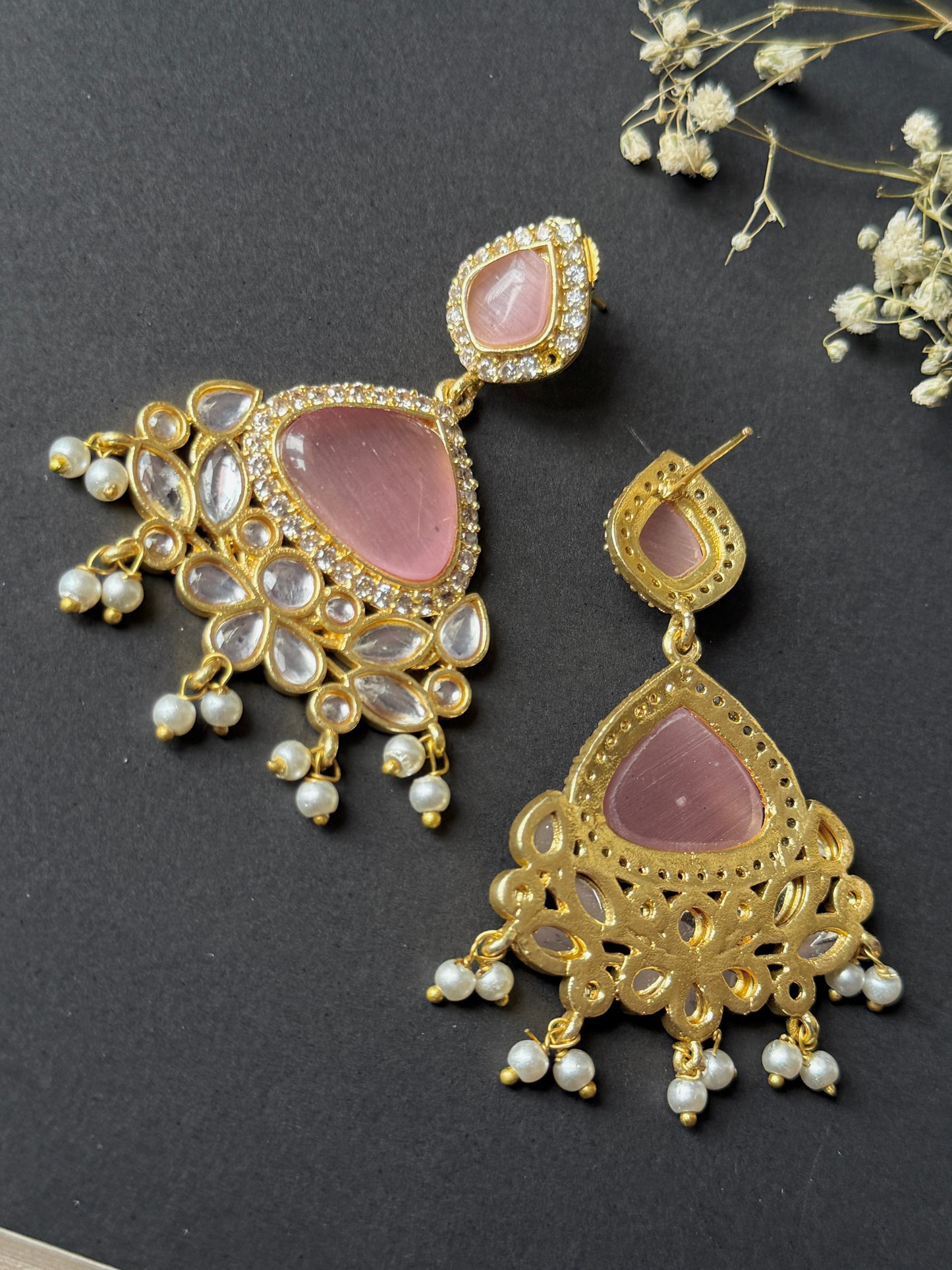 Silk Stone Embedded Party Wear Golden Earrings