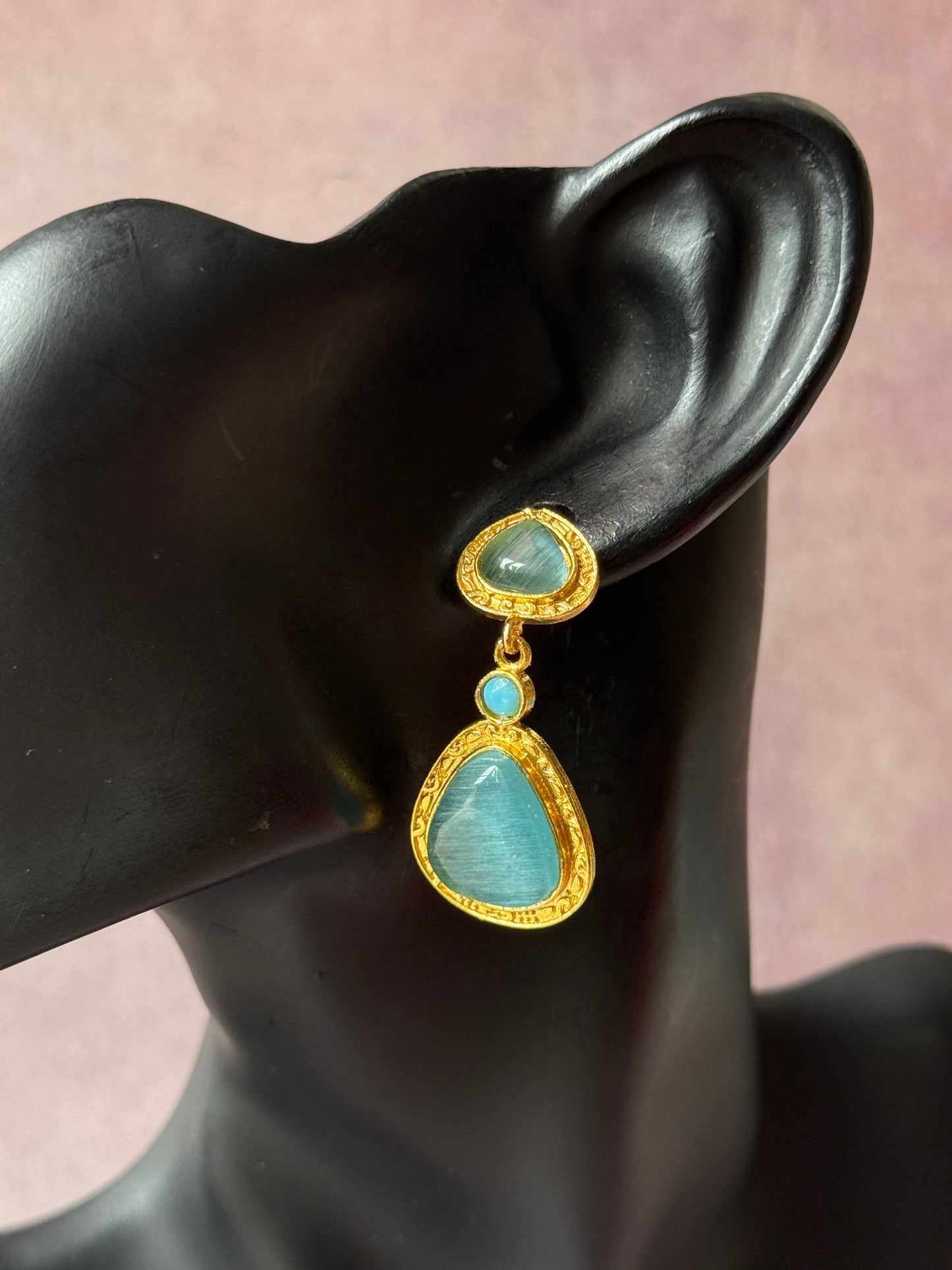 Statement Golden Earrings with Triple Monalisa Stones